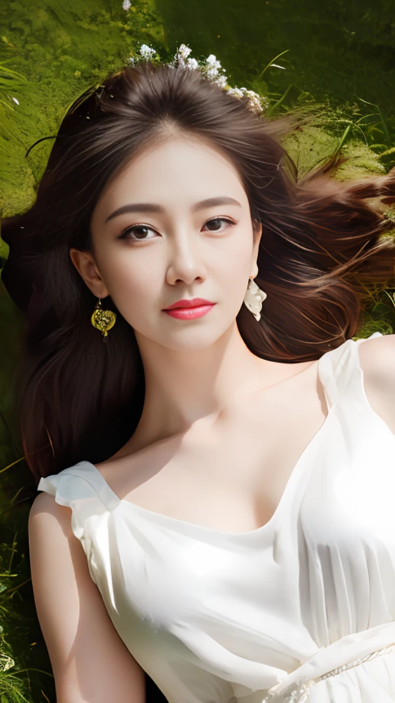 A gentle goddess in the golden sun, dressed in a flowing white dress, in the grass. Flowers, beautiful eyes, medium view