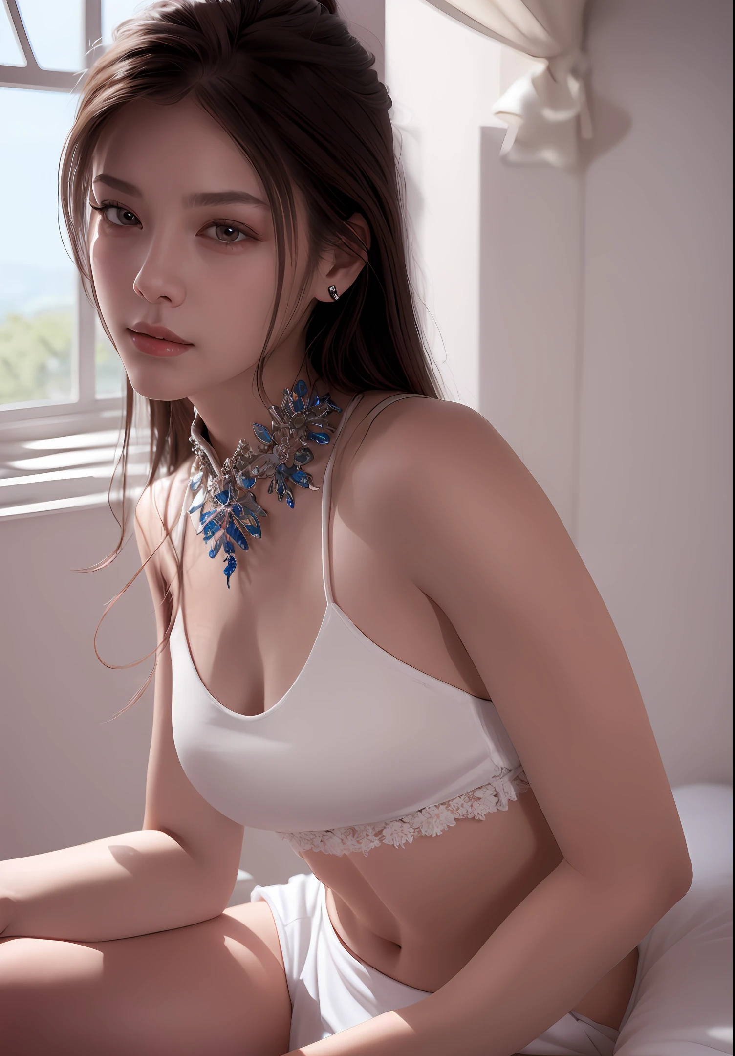 ((Top quality, 8k, Masterpiece: 1.3)), beauty, hidden face, 1 girl, beauty: 1.3, slender abs: 1.1, camisole , long black hair, (sitting on bed), ultra-detailed face, highly detailed lips, detailed eyes, double eyelids, collar, lewdness,
