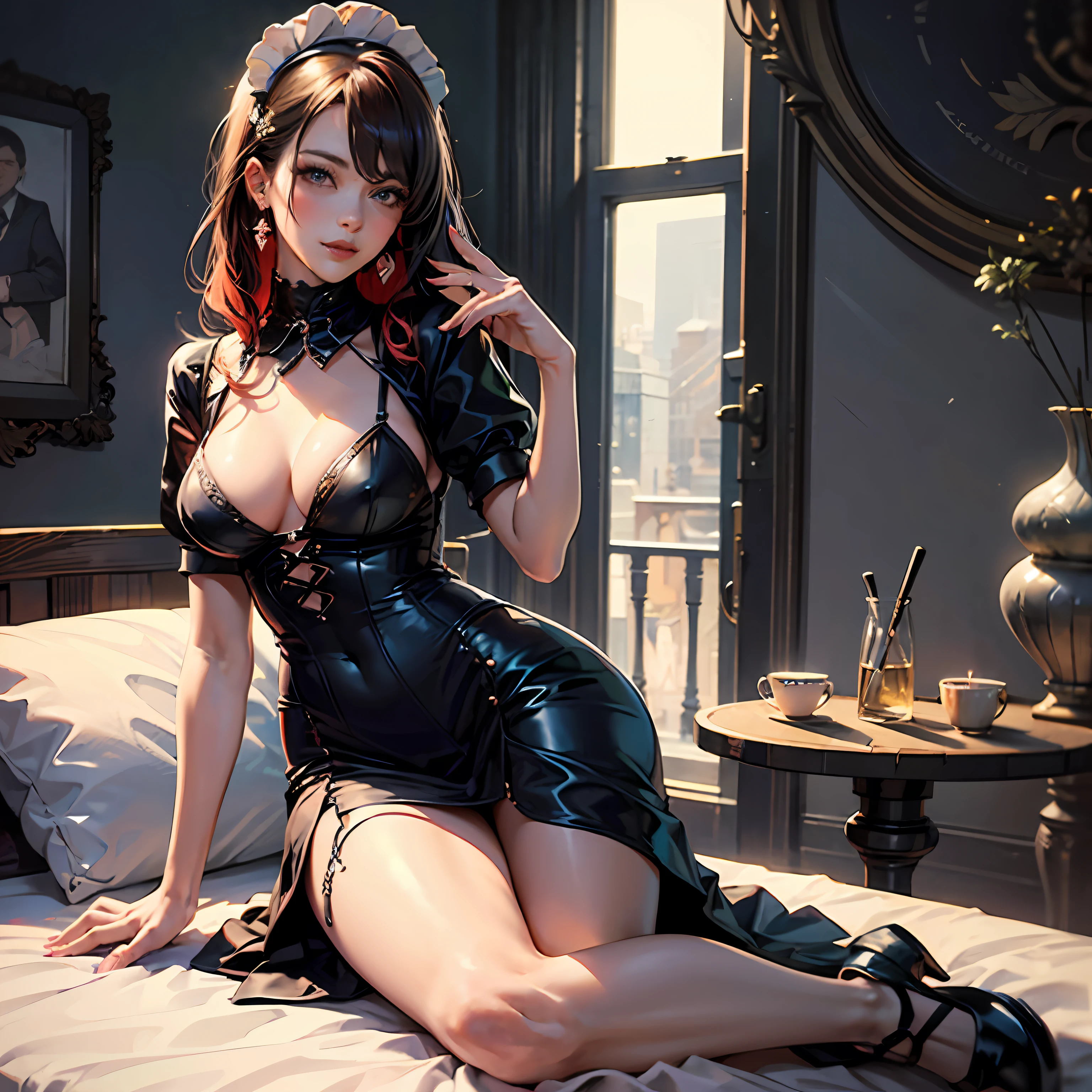 looks:Wearing a sexy maid uniform,Wrinkles that reveal seduction, Long hair draped loosely,Outline attractive curves, There was a provocative glint in his eyes.
action:Walk around gracefully,Exudes an alluring rhythm, Bend gently,Show off captivating curves, Slender fingers dance in the air,Outline the gesture of seduction, Flattering pours tea for the host affectionately, Lips slightly hooked,Exudes a seductive smile.
Scenes:In the luxurious living room,Show off sexy charm, When dating,Wearing a sexy maid outfit,Attracting everyone's attention, In a private room,Exudes an alluring scent, Reclining on the soft bed,Exudes a charming aroma, Under romantic candlelight,Present an alluring posture. --auto