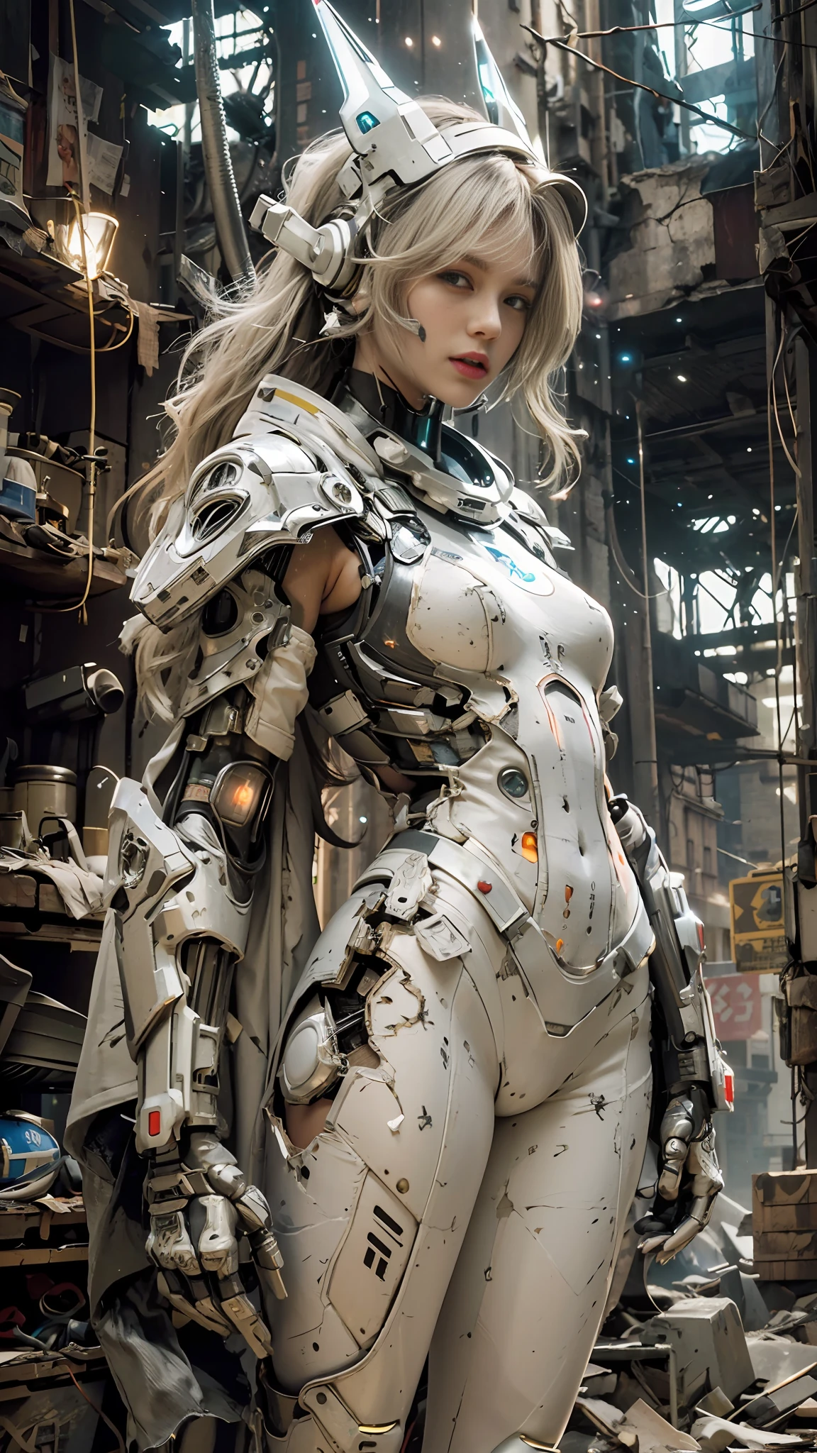 ((best quality)), ((masterpiece)), ((realistic)), (detailed), (photorealistic:1.5), a futuristic girl, (thick body), (white bodysuit), lights on armor, cybernetic headwear, looking at viewer, dynamic pose, post apocalyptic, destroyed city background, buildings on fire, science fiction, hdr, ray tracing, nvidia rtx, super-resolution, unreal 5, subsurface scattering, pbr texturing, post-processing, anisotropic filtering, depth of field, maximum clarity and sharpness, rule of thirds, 8k raw, (luminescent particles:1.4), (extremely detailed cg, unity 8k wallpaper, 3d, cinematic lighting, lens flare), reflections, sharp focus, cyberpunk art, cyberpunk architecture,
