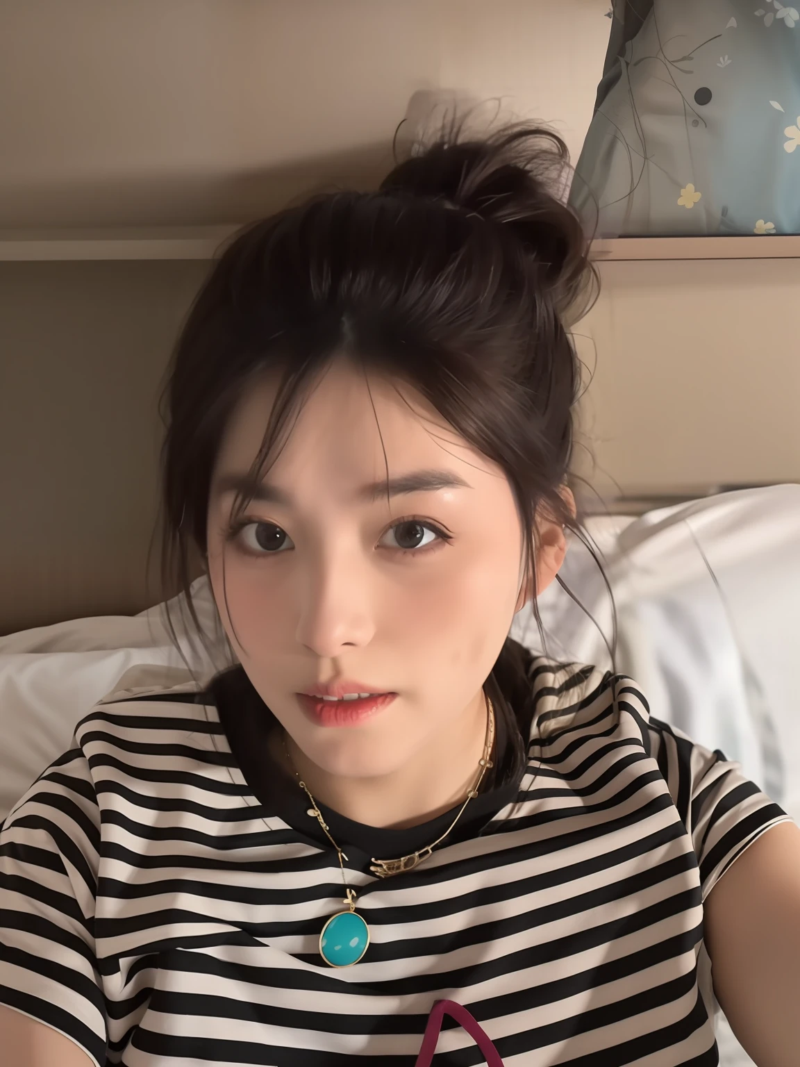 An Arad woman in a striped shirt sits on the bed wearing a necklace, 38 years old, 3 6 years old, 3 2 - year - old, 30 year-old woman, 3 0 years old woman, 2 8 years old, 35 years old, 3 5 years old, 2 9 years old, 2 7 years old, (38 years old)