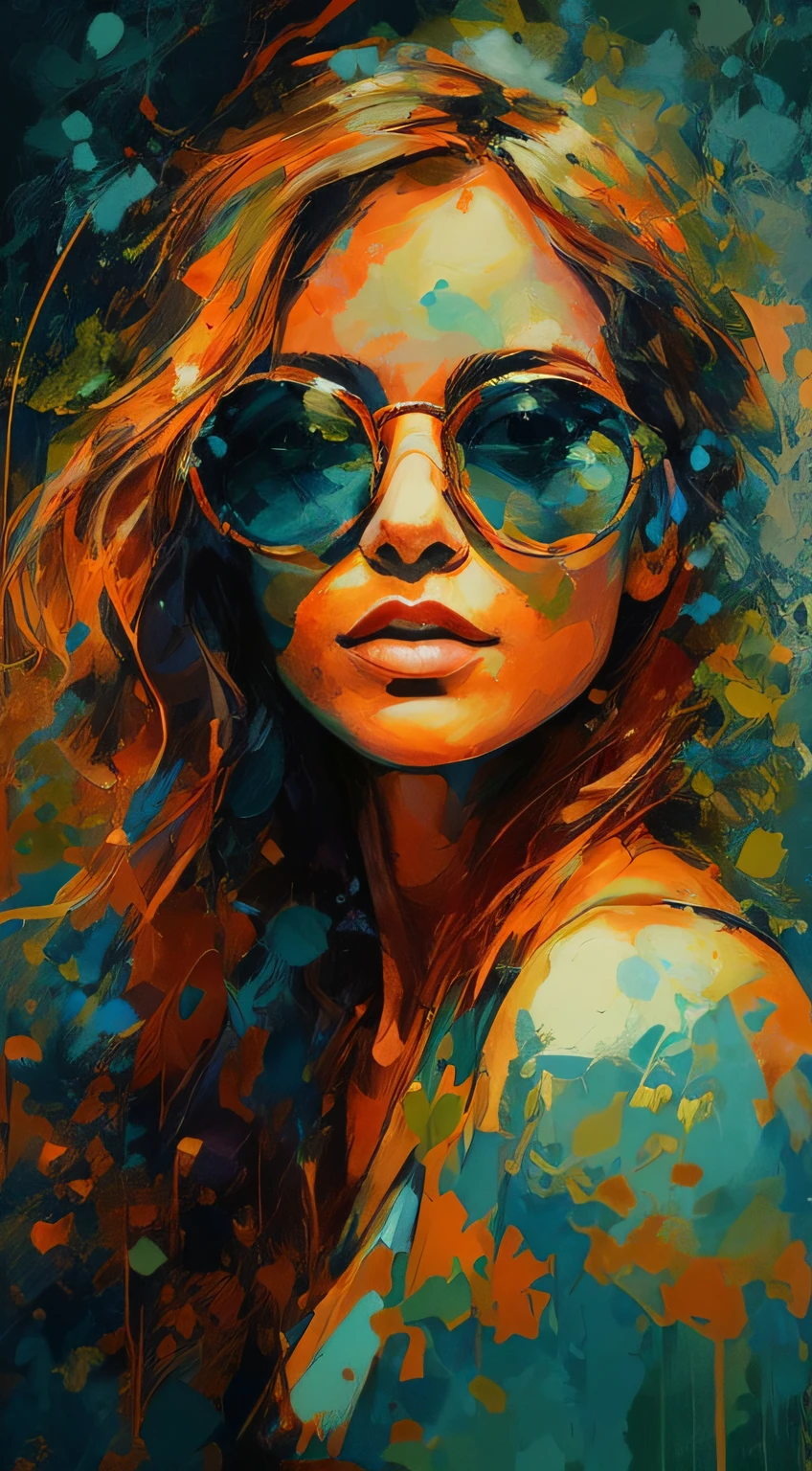 a painting of a woman wearing sunglasses and a blue dress, art of alessandro pautasso, digital painting style, digital painting art, digital art painting, vibrant digital painting, stunning art style, oil paint style, photoshop art, digital art oil painting, colorful digital painting, art digital painting, in style of digital painting, stunning digital painting, painted digital art