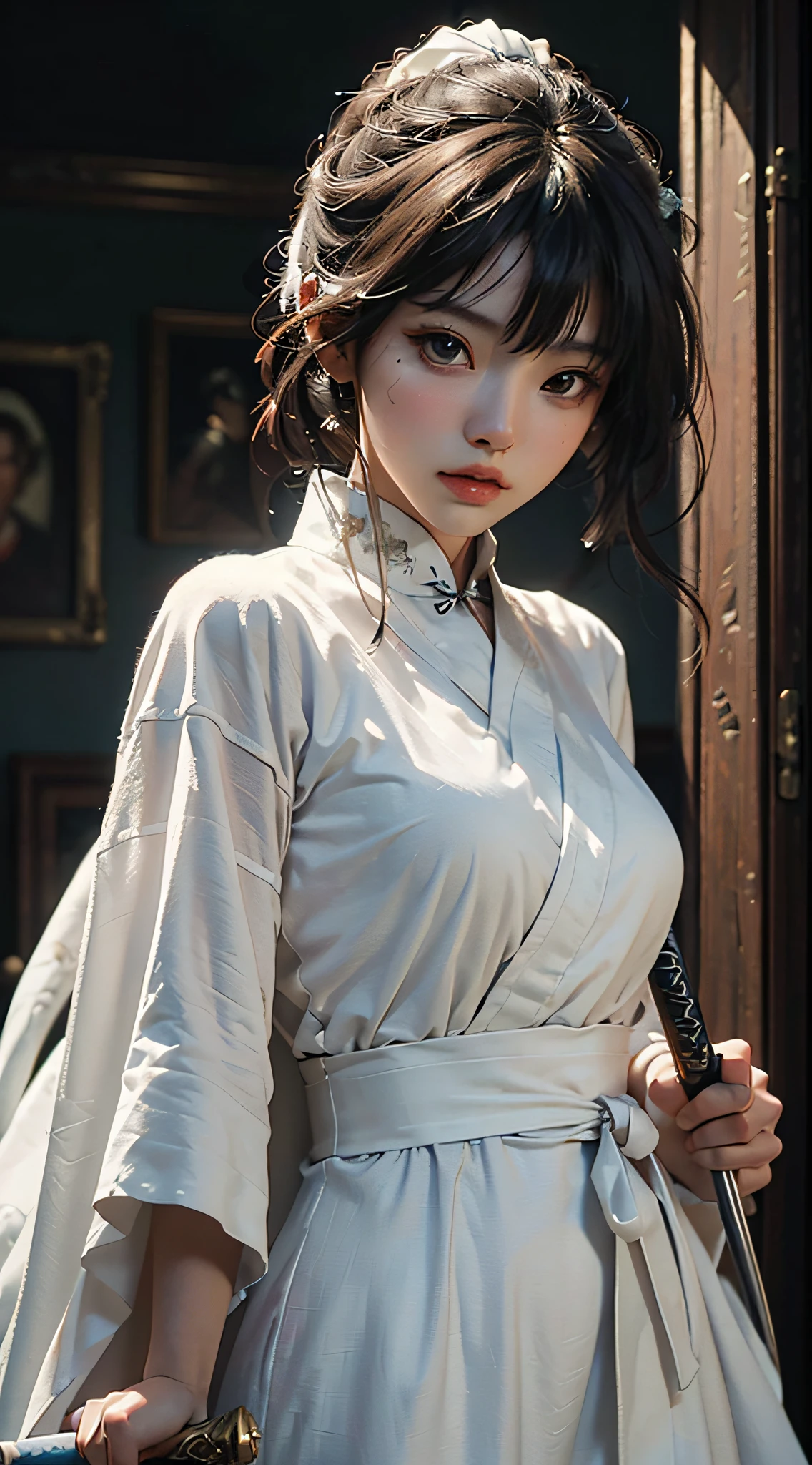A close-up of a fairy woman dressed in a white Chinese dress and holding a long sword,Photo from Yang J's portrait,The style is inspired by CGSOCIETY pop art,A black ribbon covered her beautiful eyes,The composition is full and very fantastical,Presented beautifully、Extremely delicate painting style,Achieve the best quality and masterpiece level,Ultra-high resolution(Increased fidelity:1.4),The focus is on the stunning character bust,Wide angle,Works of art that show the Guweiz style,wears a long and flowing white robe,The whole body exudes the beauty of martial arts,Depict epic and beautiful character art,The beautiful figure of the heroine is enchanting。