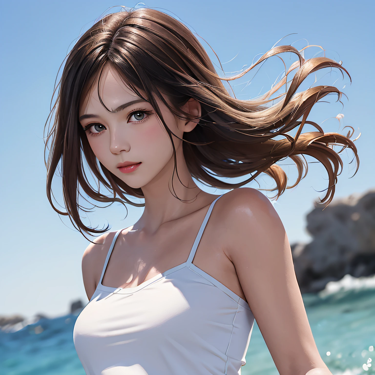 (in 8K, RAW Photos, of the highest quality, Masterpieces: 1.2), (Realistic, Photorealistic: 1.37), Highest Quality, Ultra High Resolution, light leaks, Dynamic lighting, Slim and smooth skin, (Full body:1.3), (Soft Saturation: 1.6), (Fair skin: 1.2), (Glossy skin: 1.1), Oiled skin, 18 years old, Strong light in the morning, flat chest, shiny white blonde, Well-formed, Hair fluttering in the wind, Medium Hair, up close shot, Physically Based Rendering, From multiple angles, Shiny White Camisole, transparent、A small smile