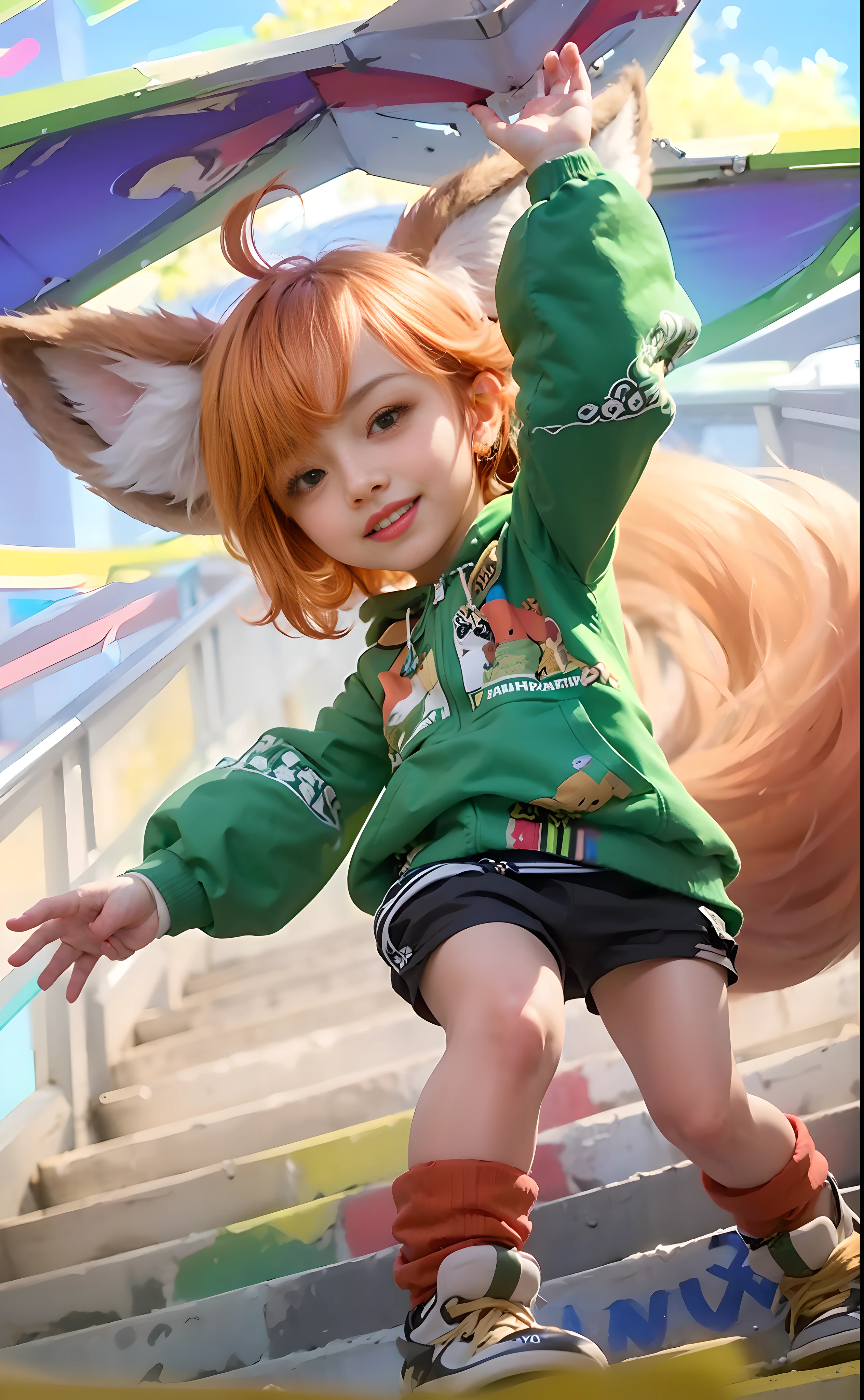 (female:1.2), 8k, ultra hd, ultra detailed texture, hyper realistic, masterpiece, detailed texture, detailed face, detailed skin, detailed lighting, (photorealistic:1.5), best quality, beautiful lighting, cinematic lighting, professional lighting, ultra highres, realistic, detailed hair, real hair, high quality, (realskin:1.5), extremely detailed, finely detail, ultra-detailed, 1girl, , loli, solo,tanding, animal ears, fox ears, (green eyes:1.1), wide eyes, lips, little nose, parted lips, open mouth, smile, teeth, make up, pretty, beautiful, cute face, short hair, orange hair, curly hair, bangs, green hoodie, black short pants, shoes, nana \(mobile legends\), arms up, fox tail, tail raised, looking aways, white skin, skin tight, outdoors, from below, blue sky, depth of field, down the stairs, blurry background