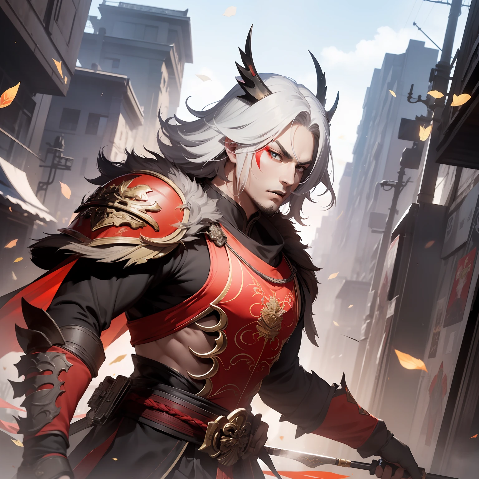 (k hd,Lü Bu:1.3,male people,Brawny,Military general,Red makeup,arma+Fang Tian drew a halberd,Gangnam style,Clear background,A small number of fluttering fragments,Flaunting light。)