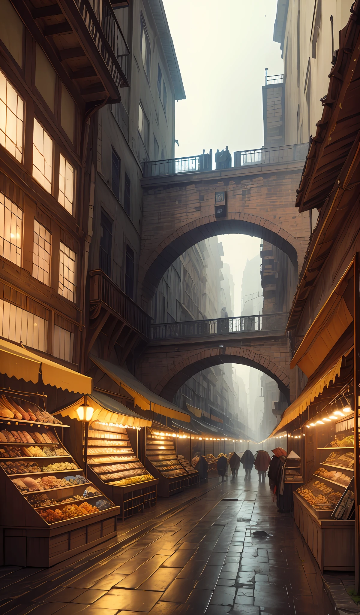 ((masterpiece)),((best quality)),((high detial)),((realistic,)) Industrial age city, deep canyons in the middle, architectural streets, bazaars, Bridges, rainy days, steampunk, European architecture