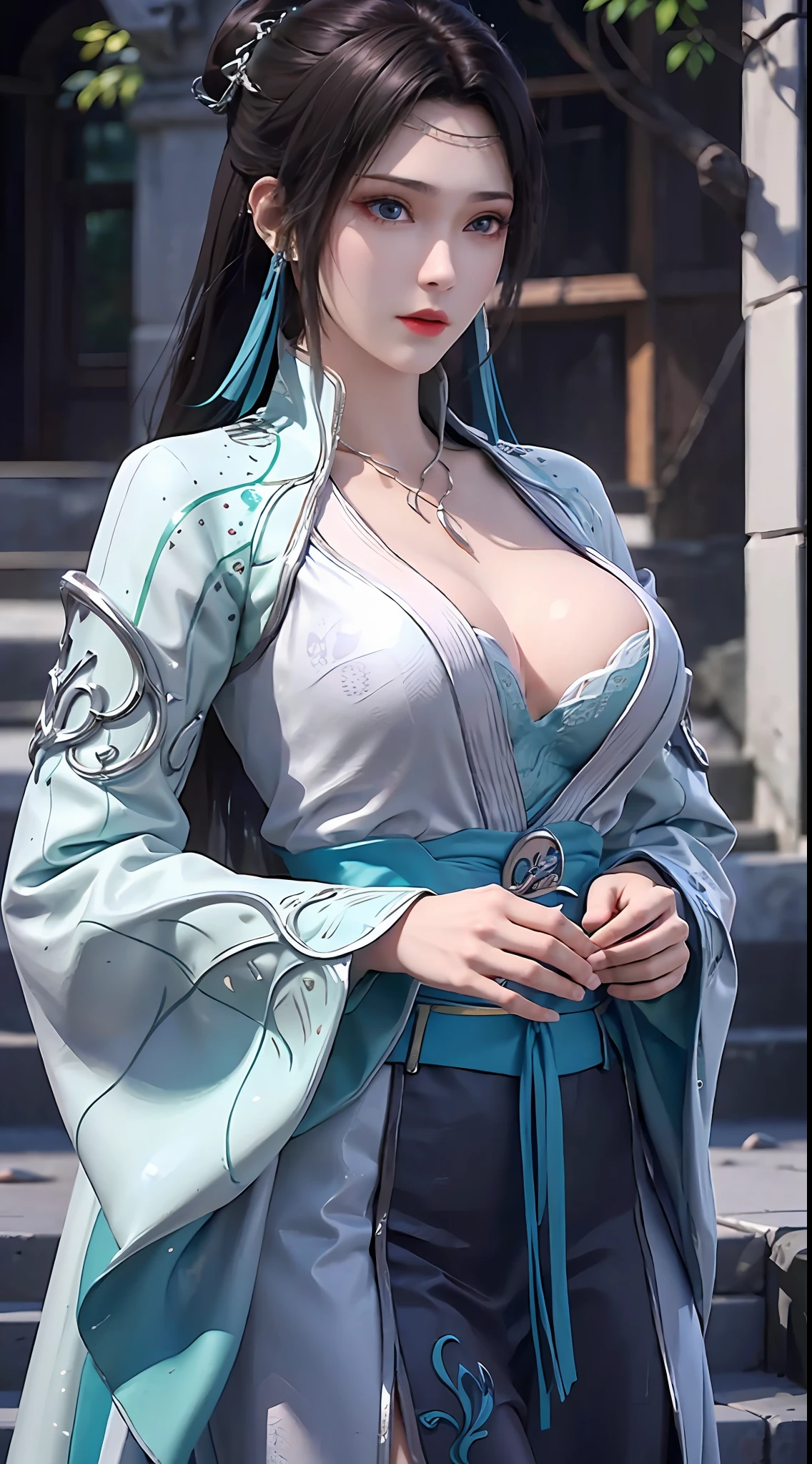 1 beautiful girl in hanfu dress, thin blue silk shirt with many white patterns, white lace trim, purple black long ponytail, hair jewelry, ear jewelry, necklace and necklace, meticulously drawn big blue eyes, meticulous makeup, thin eyebrows, high nose, pretty red lips, no smile, pursed lips, rosy cheeks, enlarged breasts, huge breasts, well-proportioned breasts, slim waist, colored mesh socks blue, hands relaxed, hands relaxed and not holding anything in hand, chinese hanfu style, fictional art textures, vivid and realistic colors, RAW photos, realistic photos, 8k surreal photos ultra high quality, (amazing lighting effect: 1.8), 10x pixels, magic effect (background): 1.8), super detailed eyes, girl portrait, girl alone, historical background hanfu,