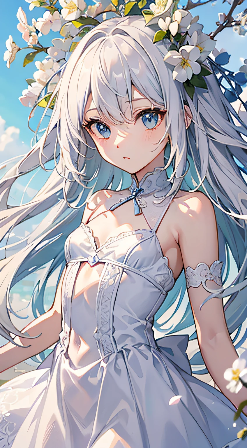 tmasterpiece,best qualtiy:1.6),angelicales,White lace dress,white color hair,long whitr hair,blue color eyes,cowboy lens,upper legs,beuaty girl,(blossoms,many small white petals:1.3),trpical garden,blue-sky,looking at viewert,Small waist,offcial art,RAW photogr,Incredibly Ridiculous res,face illuminated,动态照明,cinmatic lighting,Ultra photo realsisim,A high resolution,photography of,Sharp focus,highest details,extremy detailed,ultra - detailed,finedetail,Extremely detailed eyes and face
