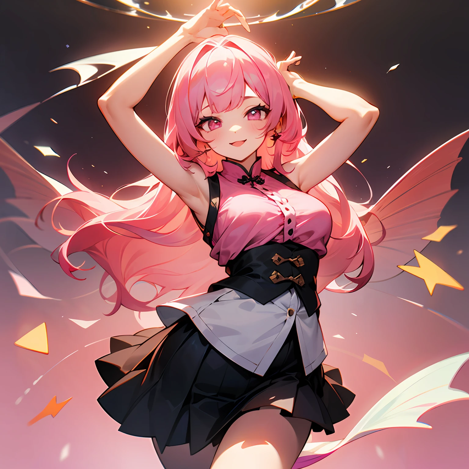 1girll, full bodyesbian, Strap skirt, (Rembrandt), illustration, (Masterpiece), (Best quality), (Supergianthugebreasts_Detailed), finedetail, mitts, long whitr hair, merfolk (Pink hair:1.2), Pink eyes, The upper part of the body, hair adornments, :p, frilld, Pink shirt, Smile, Sleeveless, shirt, heartthrob, pupils in symbol shapes, had his hands folded,无袖,The shirt,pupils in symbol shapes,Raise Hand,By bangs,Arms up,Skirt pulling,