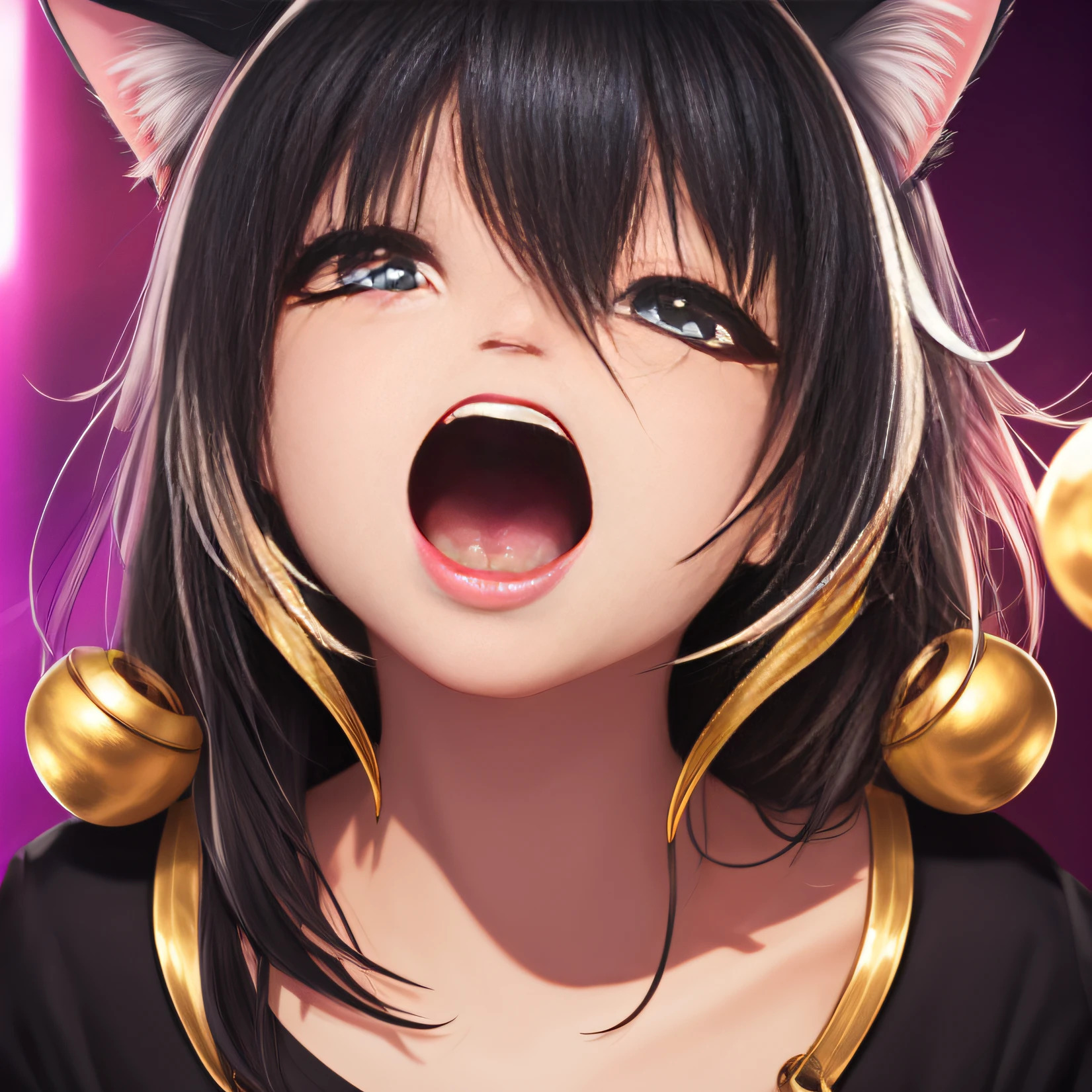 black hair, streaked hair, bell, star-shaped pupils, mole under eye, cat ears, open mouth, tearing up, from below, border, curate, textured skin,4K --auto