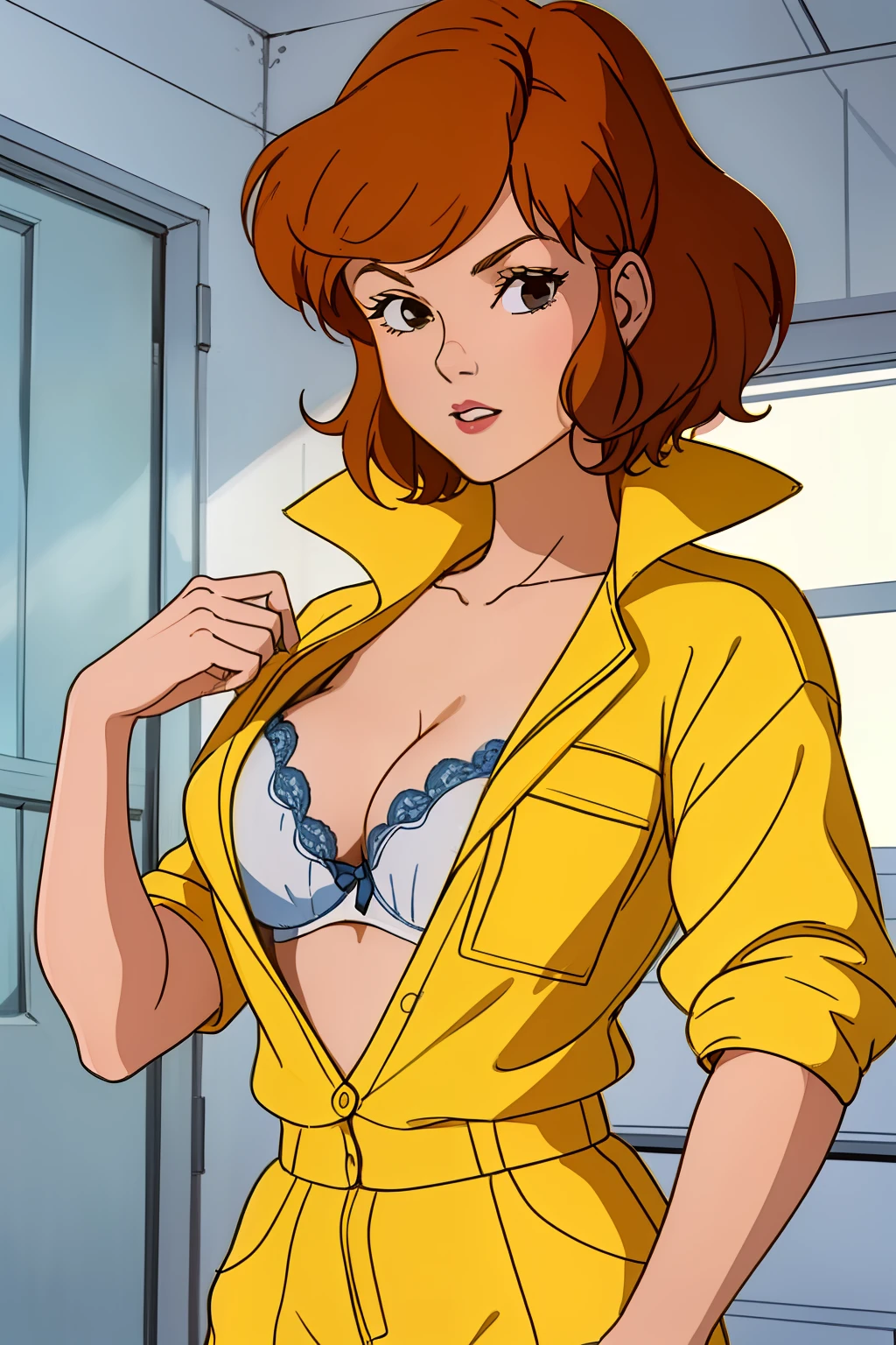 cowboy shot, april o'neil, 1980s \(style\), 1girl, brown hair, orange hair, retro artstyle, short hair, solo, yellow jumper suit, unbutton_shirt, (white bra slip:1.2), medium_breasts, cleavage