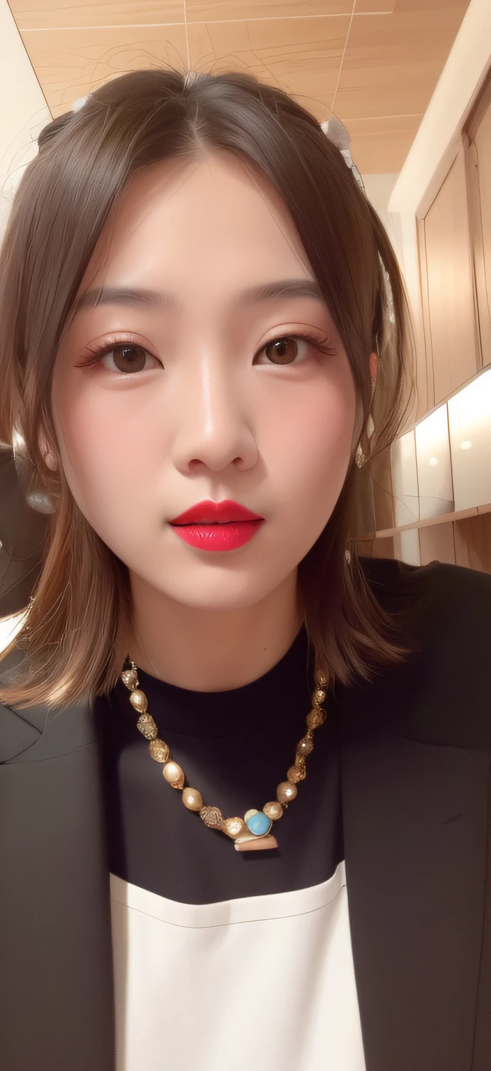 A round-faced woman wearing a white shirt and a necklace，Wu Xixuan interacts with tomorrow，Red lips attract attention，Reminiscent of a profile picture、headshot profile picture、xintong chen、Zhang Wanting，As well as young and cute Asian faces and heavy lipstick。