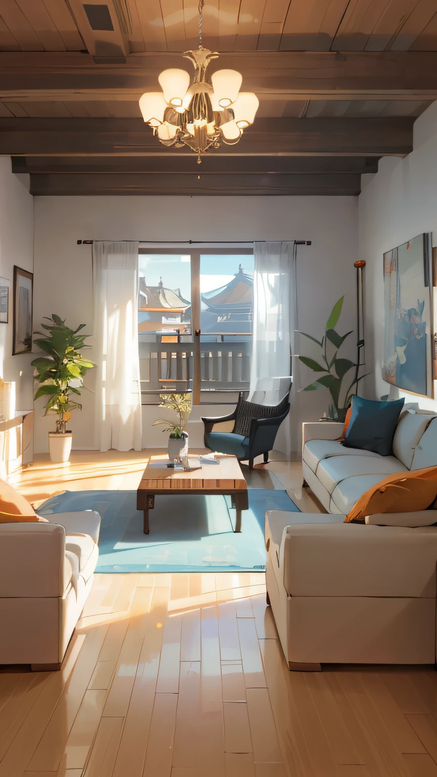 A bright room, White walls, natural light in room, bright daylight indoor photo, with backdrop of natural light, rendered in rtx, location in a apartment, one large room，On the right is a fabric sofa，LCD TV on the left wall，The coffee table is placed in the middle，The ceiling is white，Orange chandelier，realisticlying，unreal engine rendered，liveroom,Chinese style decoration,Traditional Chinese décor,elegance