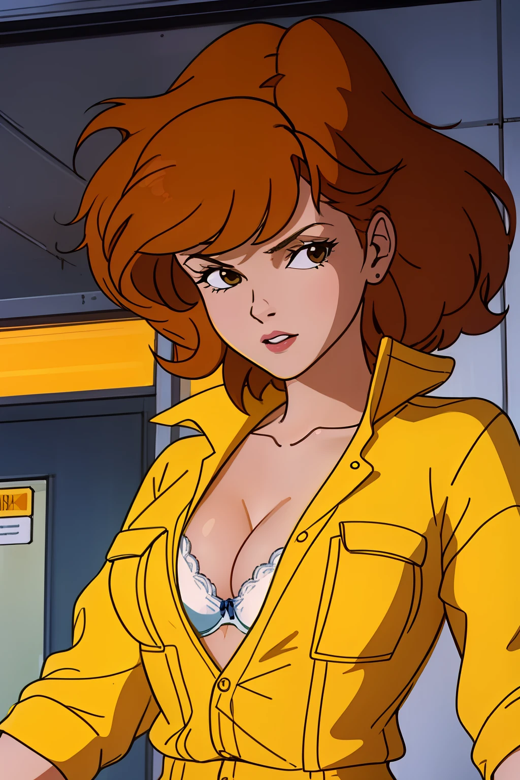 cowboy shot, april o'neil, 1980s \(style\), 1girl, brown hair, orange hair, retro artstyle, short hair, solo, yellow jumper suit, unbutton_shirt, (white bra slip:1.2), medium_breasts, cleavage