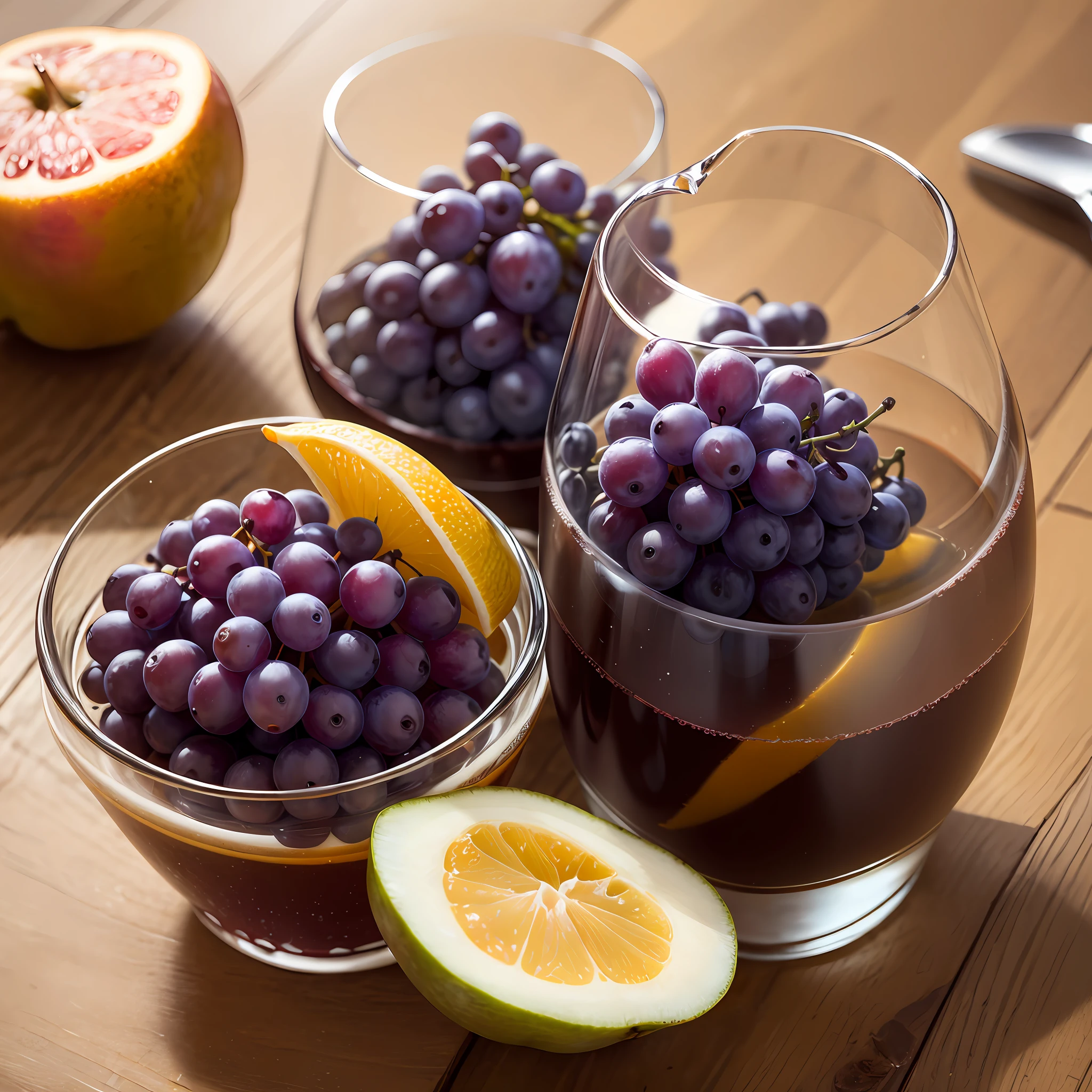 The glass has grape juice inside,Grapes and pears in the background --auto