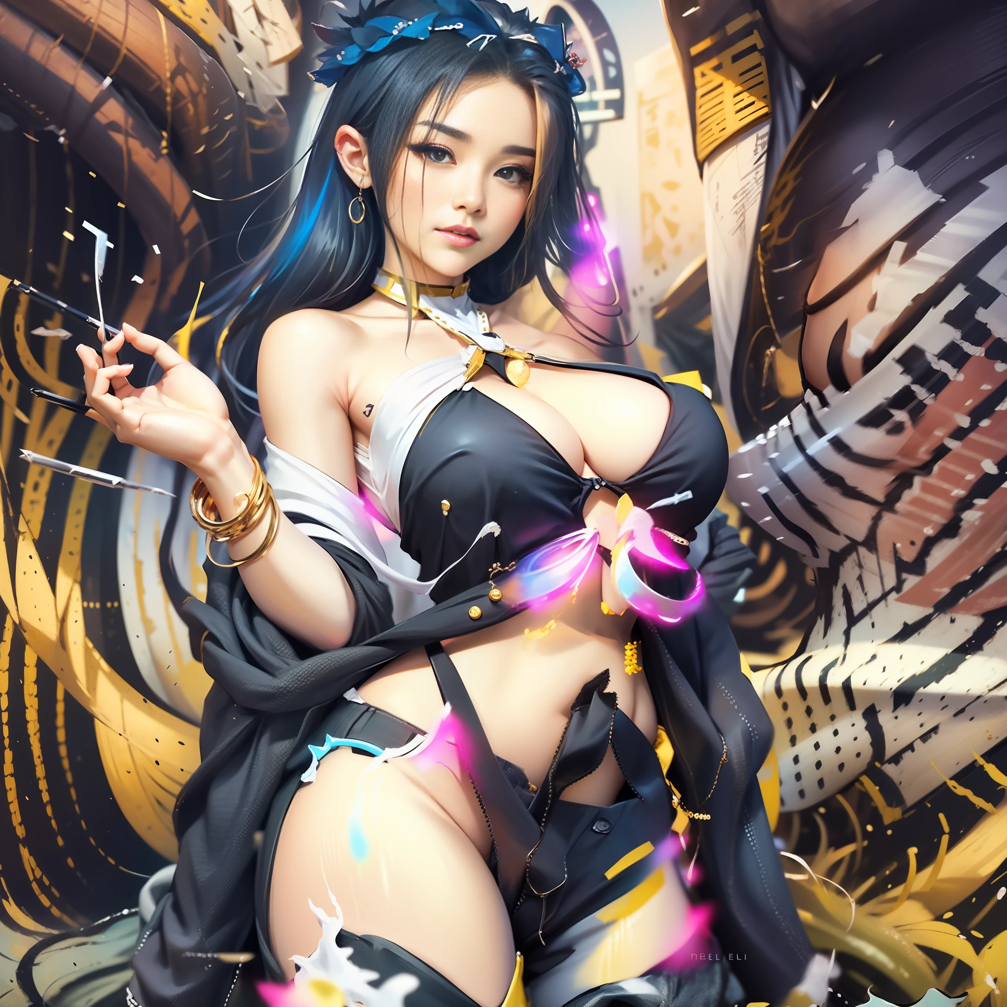 tmasterpiece,Need,1girl,Watery eyes,Colorful background,babyfat,full bodyesbian,enchanting,ren,beautfully face,Pure face,Pale skin,sexyposture,((Bandeau, cropped shoulders, nabel, shorter pants)), Pink Long Hair,High ponytail ((perfect women figure)), a matural female, A MILF, a narrow waist, Chinese immortals, Cleavage is seductive, The is very detailed, Best quality at best, tmasterpiece, A high resolution, Original, Very detailed 8K wallpaper,tmasterpiece,best qualtiy,illustratio,Beautifully detailed eyes,电影灯光,Beth