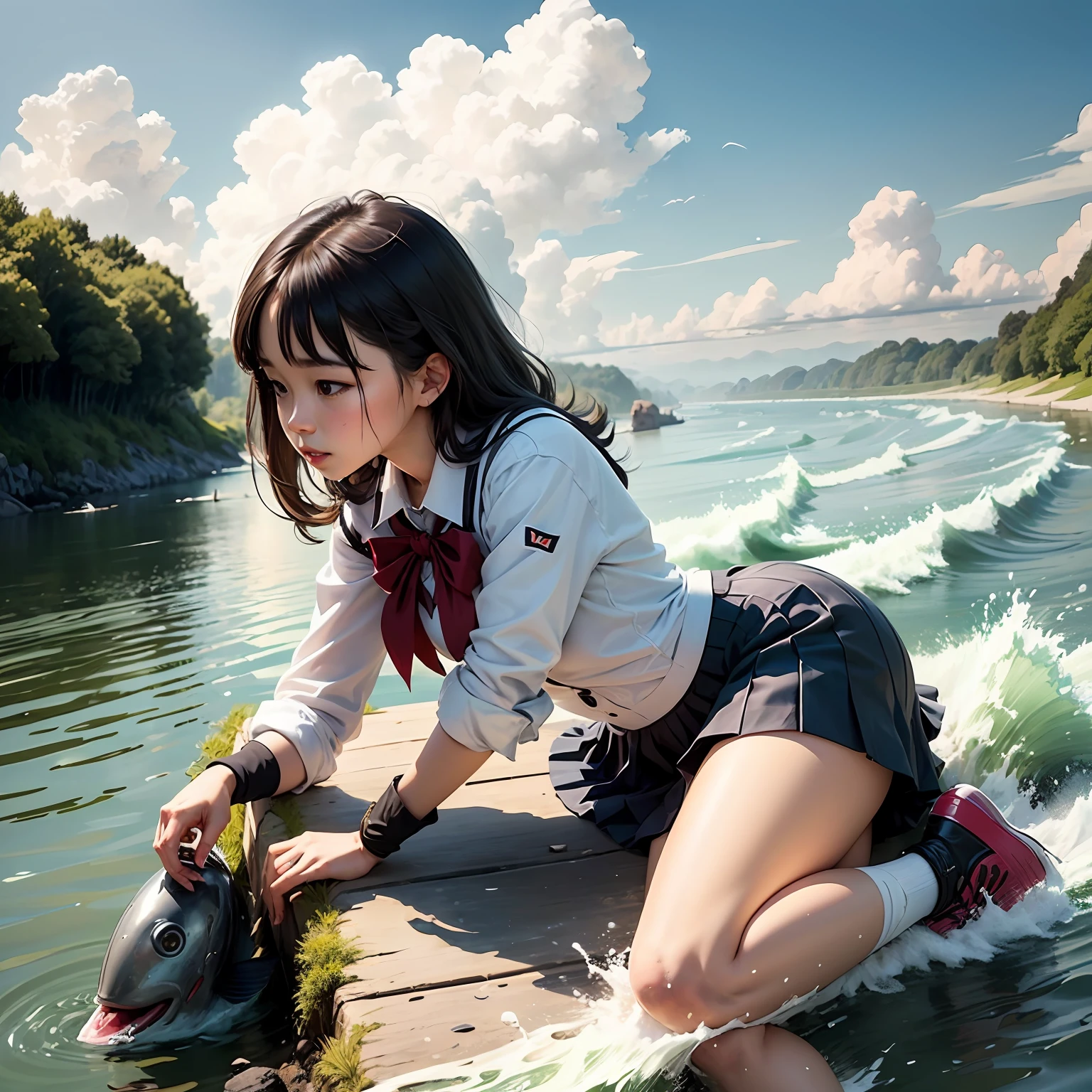 A girl comes home from school,The weather was nice,with blue sky and white clouds,There is a river by the side of the road,Fish roll over the waves,k hd,Real Human,Dynamic,JK school uniform ,Highlight character details,The picture is the main body --auto