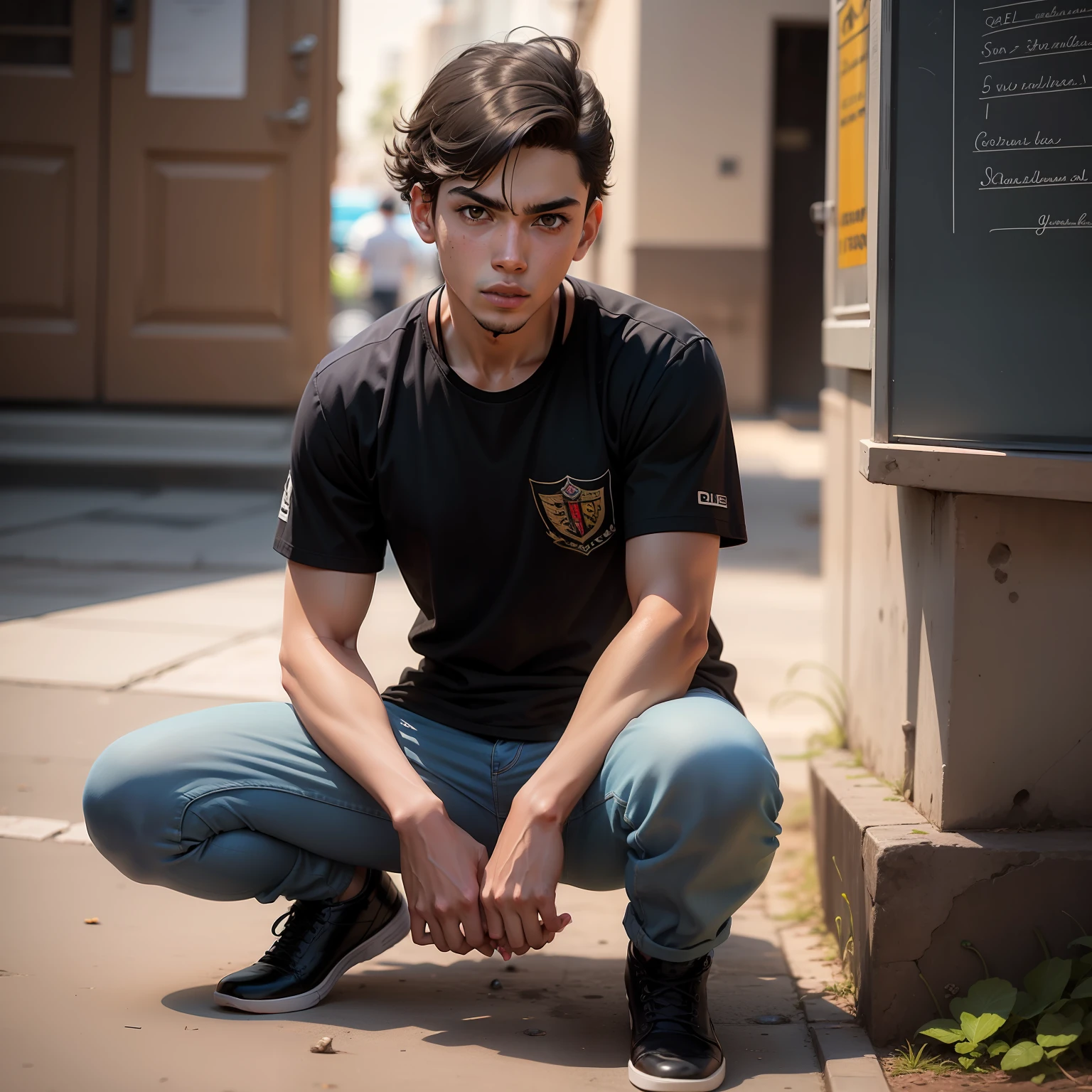jovem garoto colegial de cabelo preto, pele branca, serious kid, focado, inteligente, personagem 2d, estilo quadrinhos