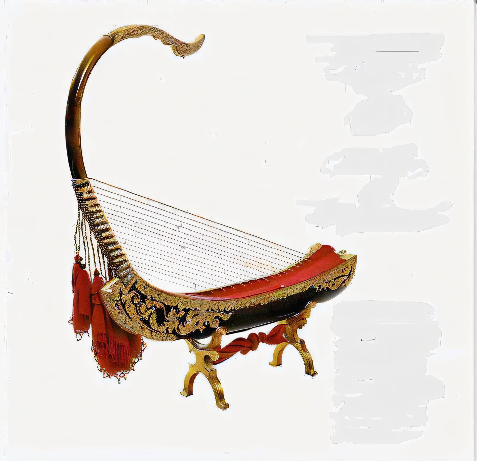 there is a picture of a musical instrument that is on display, harp, an instrument, musical instrument, with an harp, lute, oud, instrument, ottoman miniature style, inspired by Masamitsu Ōta, scythe design, musical instruments, horn, throne, musician, inspired by Otakar Sedloň, aesthetic shot, long tail with horns