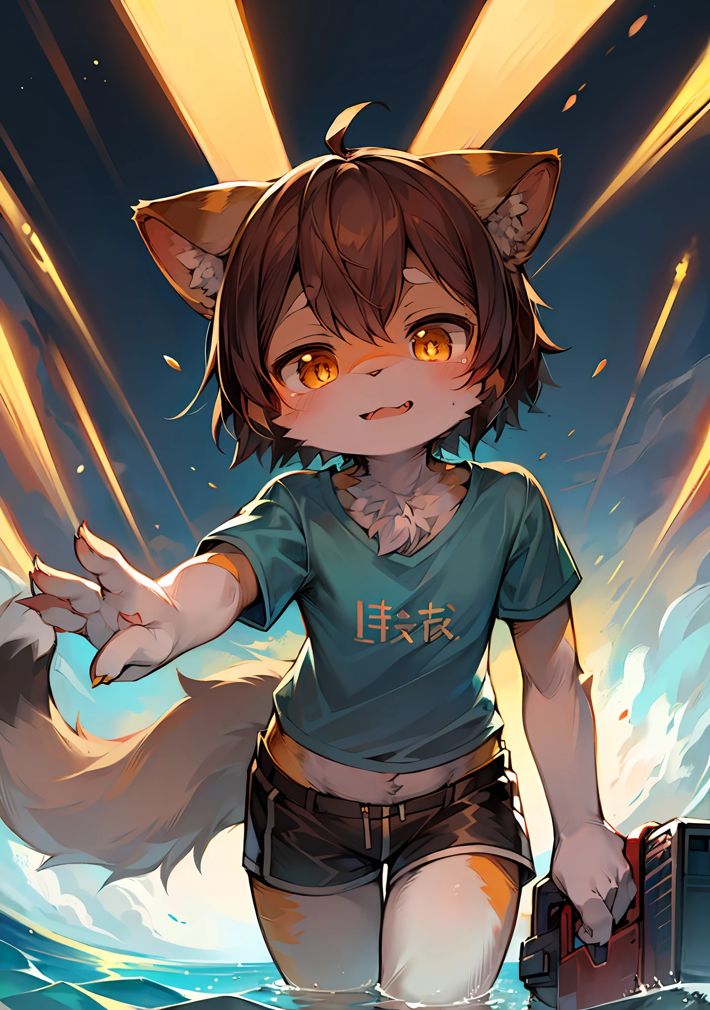 (High-light environment:0.8),masterpiece,high quality,abstract res,digital painting\(artwork\), by dagasi, yupa,kiyosan,(anthro,fluffy fur,character focus:1.1),anthro male cat,short hair,portrait , eyes with brightness, in a panoramic view, Character focus.(detailedbackground:0.7), 独奏, shaggy, shaggy male, malefocus, Fluffy tail,Orange-yellow pupils,Loose brown hair,Furry cat with blue shorthair,Bright golden eyes,Playful and cute,Equipped with a blue water gun,Play on the beach in summer,Wear a fresh blue T-shirt and shorts。