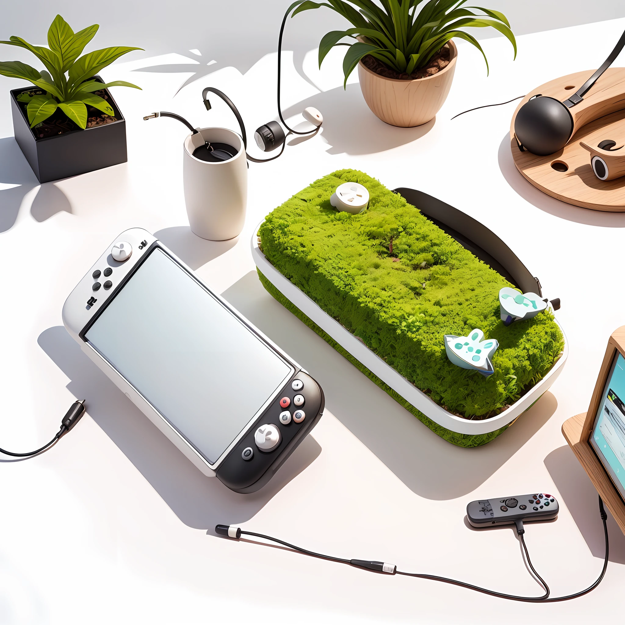 On a white desk,On the white table is a box,A Nintendo controller,with plants around it,Earphone, Simple and clean, Shooting in bright spaces, full - view, Top view, a wide full shot, Nice composition,Nordic style shooting
