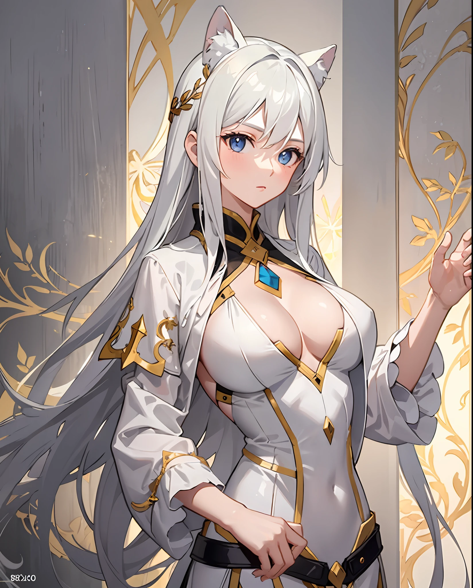 1girl,White hair,Sideslit,light particules,the wallpaper,anime big breast,ultra - detailed,Ancient Greek style,8k,(Hesiod)