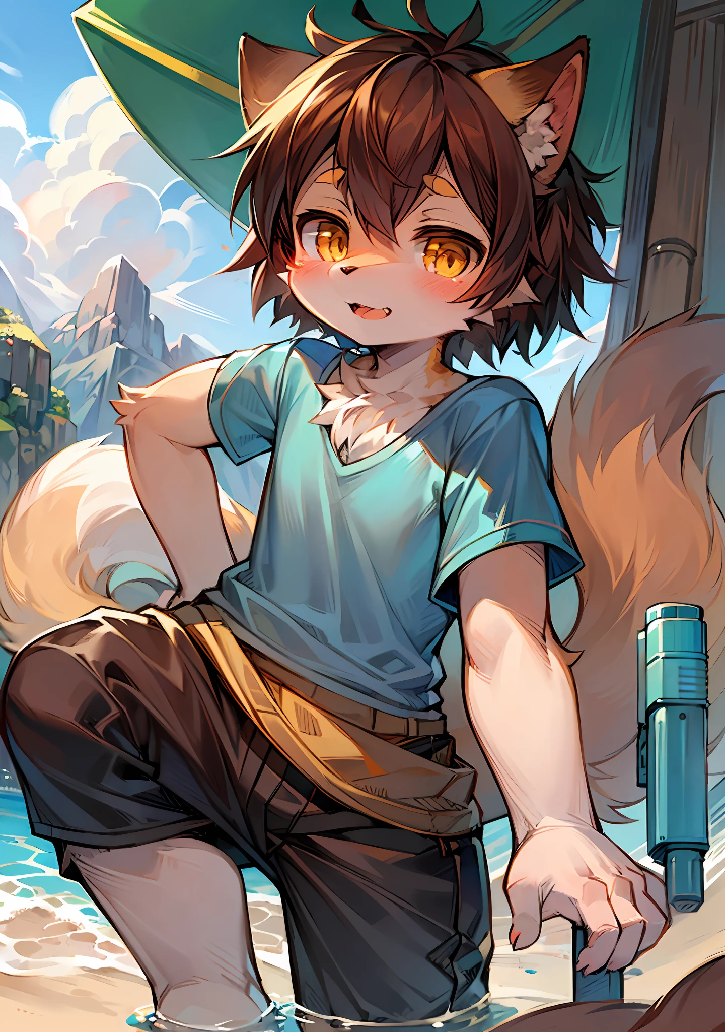 (High-light environment:0.8),masterpiece,high quality,abstract res,digital painting\(artwork\), by dagasi, yupa,kiyosan,(anthro,fluffy fur,character focus:1.1),anthro male cat,short hair,portrait , eyes with brightness, in a panoramic view, Character focus.(detailedbackground:0.7), 独奏, shaggy, shaggy male, malefocus, Fluffy tail,Orange-yellow pupils,Loose brown hair,Furry cat with blue shorthair,Bright golden eyes,Playful and cute,Equipped with a blue water gun,Play on the beach in summer,Wear a fresh blue T-shirt and shorts。