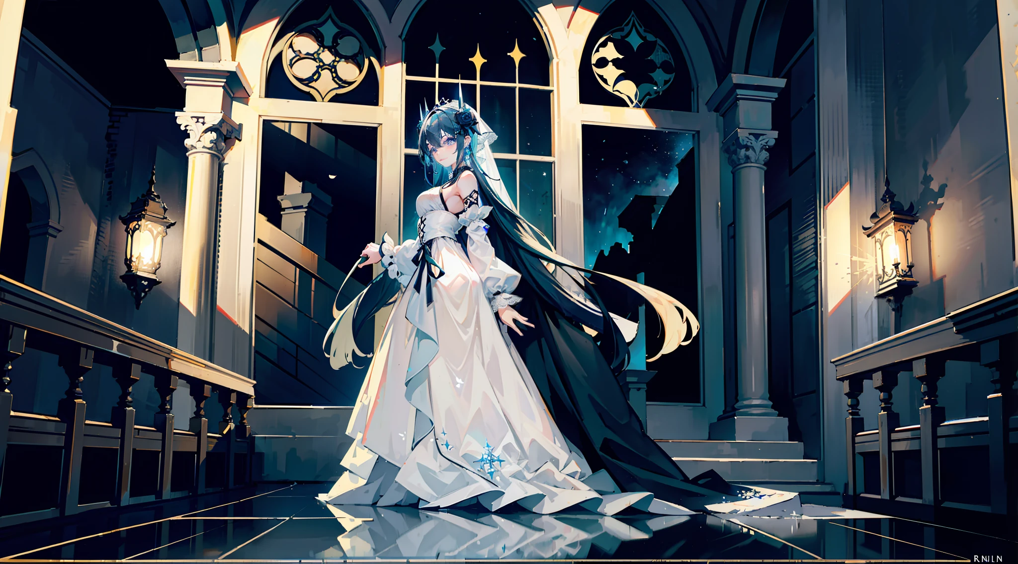 (A young girl stands on the ground、Side diagram、Turn Back,looking at the camera in,The camera is on the floor、Bottom-up framework),(Black dress long dress(Medieval evening dress、leniency、fluffly、pleatedskirt、Lace lace、Thorn lines、Rose pattern、Silver or dark gold lace,bound waist,Black veil、cranium、Cloak),ornate decoration,high-heels),(Dilapidated church exterior、Fragmentation、run-down、Completely abandoned、Collapse the walls,Only ruins remain),Black marble floor,The ground reflects the reflection of the starry sky,Carved stone slabs、stone pillar,blurryforeground,Falling blue petals and fireflies,(Reduced saturation,cold shades,Black tones,Dark black background、the night,There is a hierarchical background,Cold reflection,Contre-Jour,The edges of the object are blue and reflective,Galaxy River、extreme light,Fragmentation、The church's huge stained glass windows were destroyed),ultra-wide-angle,fully body photo,Striped hair, single sidelock, crossed bangs, Blue hair, scar on the cheek, scars on eyes, over-rim eyewear, Pure white snowflake hair accessories, x-shaped pupils, eyes reflection,, Diamond-shaped pupils, Pointy ears, Cyan crescent earrings, Stick out your tongue, Evil smile, Smug, Crazy smile, teeth, reflective light, Depth of field, Cinematic lighting, Best quality, 8K, Anatomically correct,