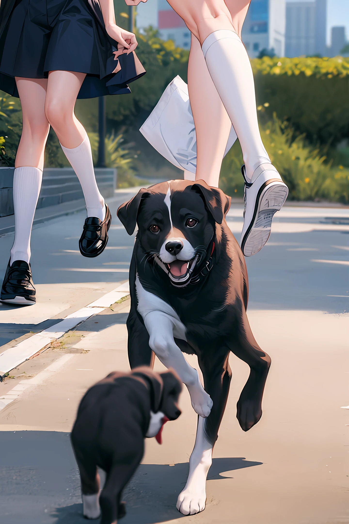 JK White Stockings students running in the park,Bring a black and white puppy