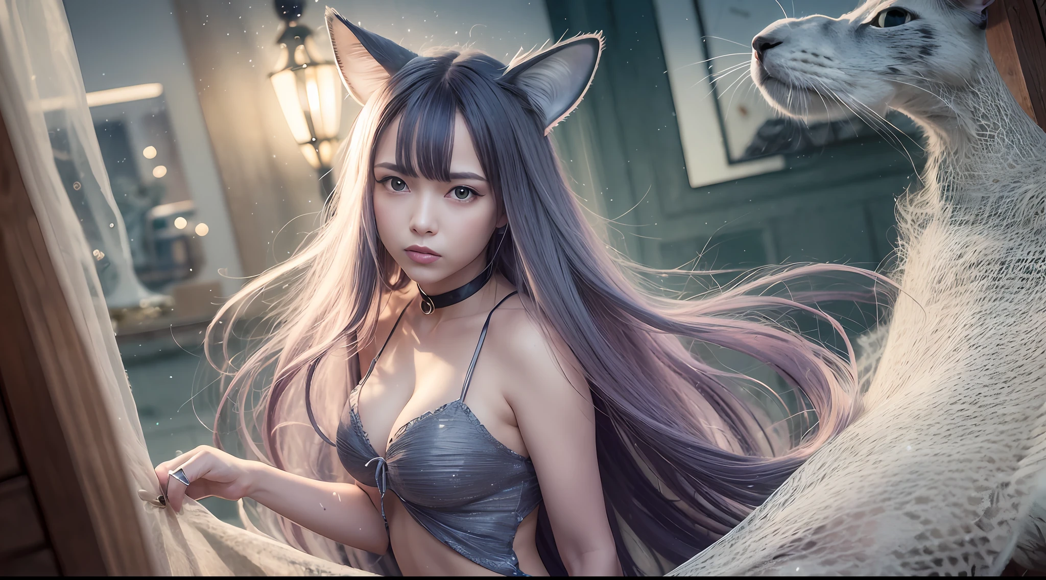 "((((masutepiece)))), top-quality, The ultra-detailliert, Graceful posture, Long hair flow, A scene where you feel the sea at night,Beautuful Women,(Describe certain elements of women),Cool atmosphere,Dramatic expressions,Floodlight cord。"、Cat's ears、bio luminescent、A woman is trapped in a large birdcage