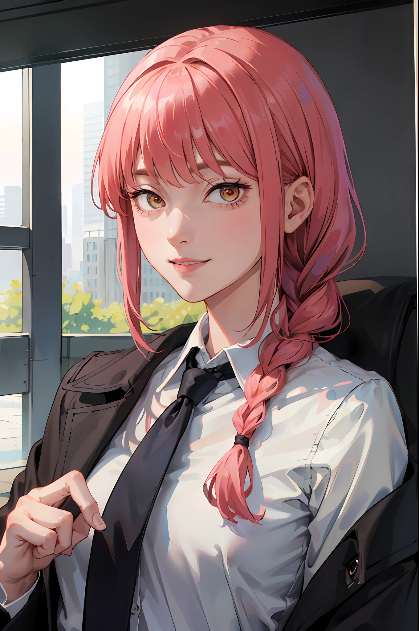 1womanl, Braids, braided ponytails, masutepiece, Best Quality, Ultra-detailed, Beautiful Makima's Potreit CSM, Solo, up looking_で_viewer, Smile, Shirt, Jacket, white_Shirt, neck tie, Collared_Shirt, Black_Jacket, up looking_To_The_Side, Formal, Suit, Black_neck tie, eye_Focus, Volumetric lighting, Best Quality, masutepiece, Intricate details, tonemapping, Sharp Focus, Hyper Detailed, Trending at ArtSt, Peachy Hair