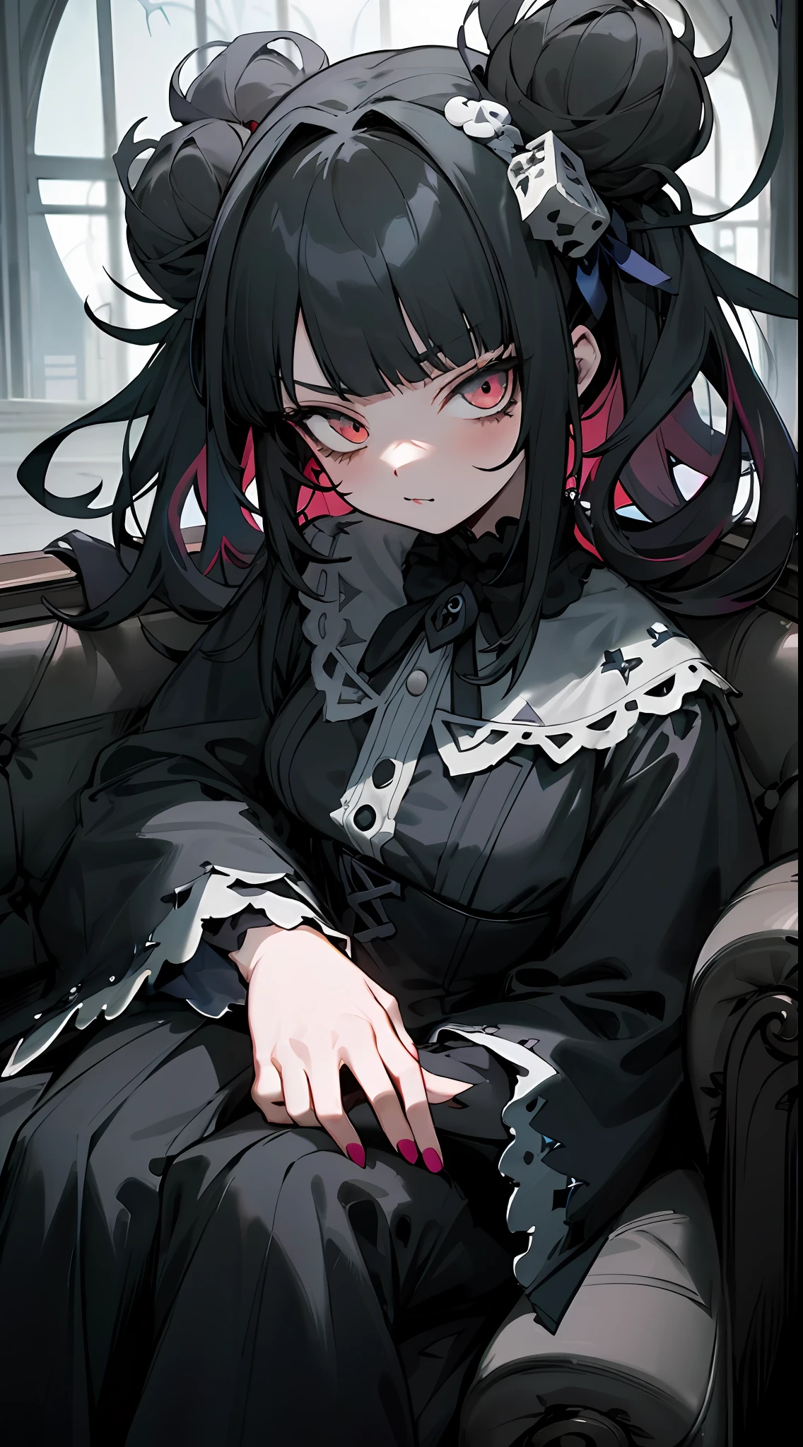tmasterpiece,high qulity,4K,detailed official art,,(the detail:1.4)This is a painting,Depicts a girl sitting on a couch holding a teddy bear。The game is designed with dark fantasy characters,The atmosphere seemed ominous。The girl has sharp eyes and a gothic face,Anime girl with black hair and white dress holding teddy bear, gothic maiden anime girl, 1 7 - - old me goth girl, nightcore, Anime girl wearing black dress,anime visual of a cute girl, An anime girl, Kawasi, Fierce anime girl, Incorporates elements of dark fantasy,brunette color hair,The proportions are correct