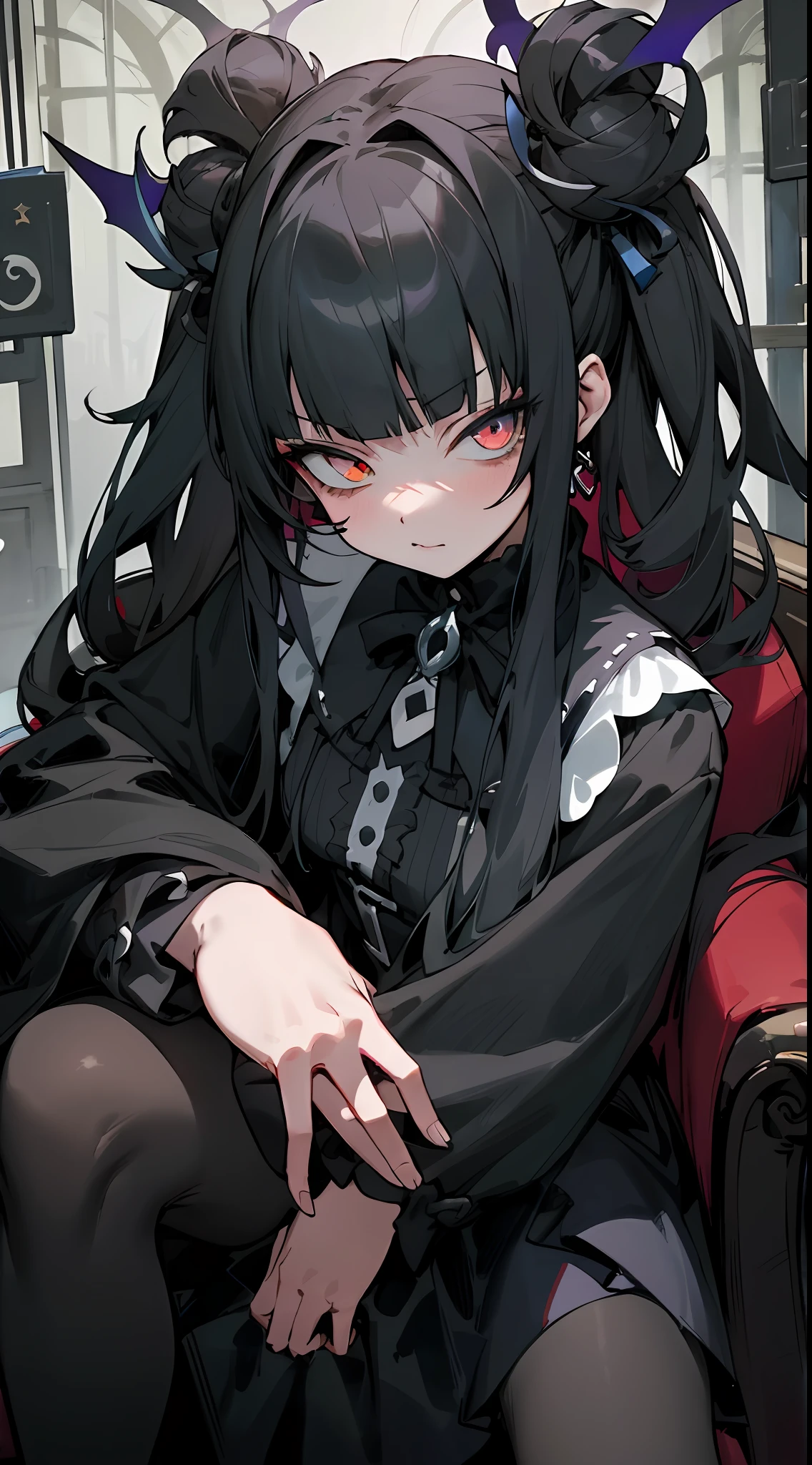 tmasterpiece,high qulity,4K,detailed official art,,(the detail:1.4)This is a painting,Depicts a girl sitting on a couch holding a teddy bear。The game is designed with dark fantasy characters,The atmosphere seemed ominous。The girl has sharp eyes and a gothic face,Anime girl with black hair and white dress holding teddy bear, gothic maiden anime girl, 1 7 - year - old anime goth girl, nightcore, Anime girl wearing black dress,anime visual of a cute girl, An anime girl, Kawasi, Fierce anime girl, Incorporates elements of dark fantasy,brunette color hair,The proportions are correct