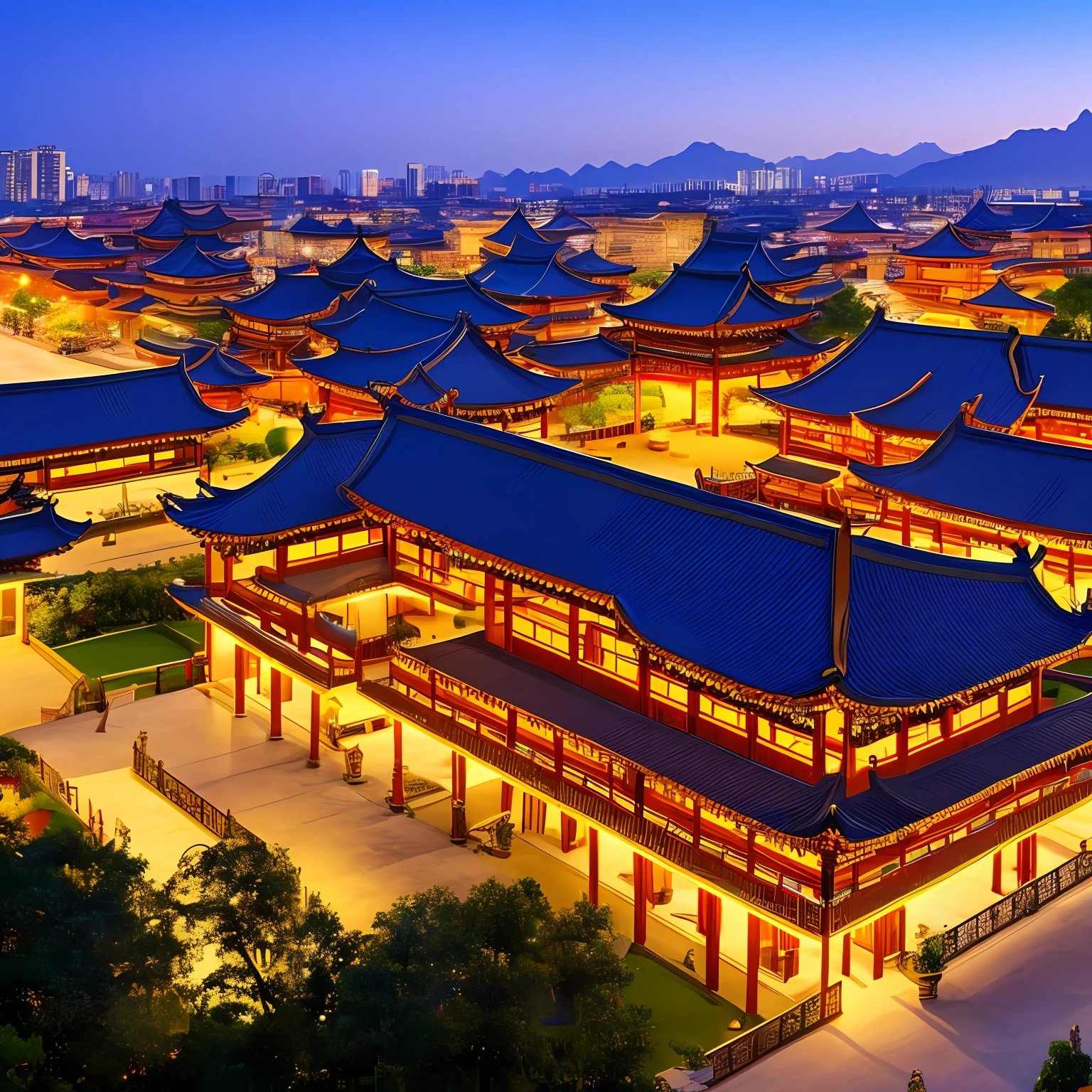 Night view of Chinese palace top view up close