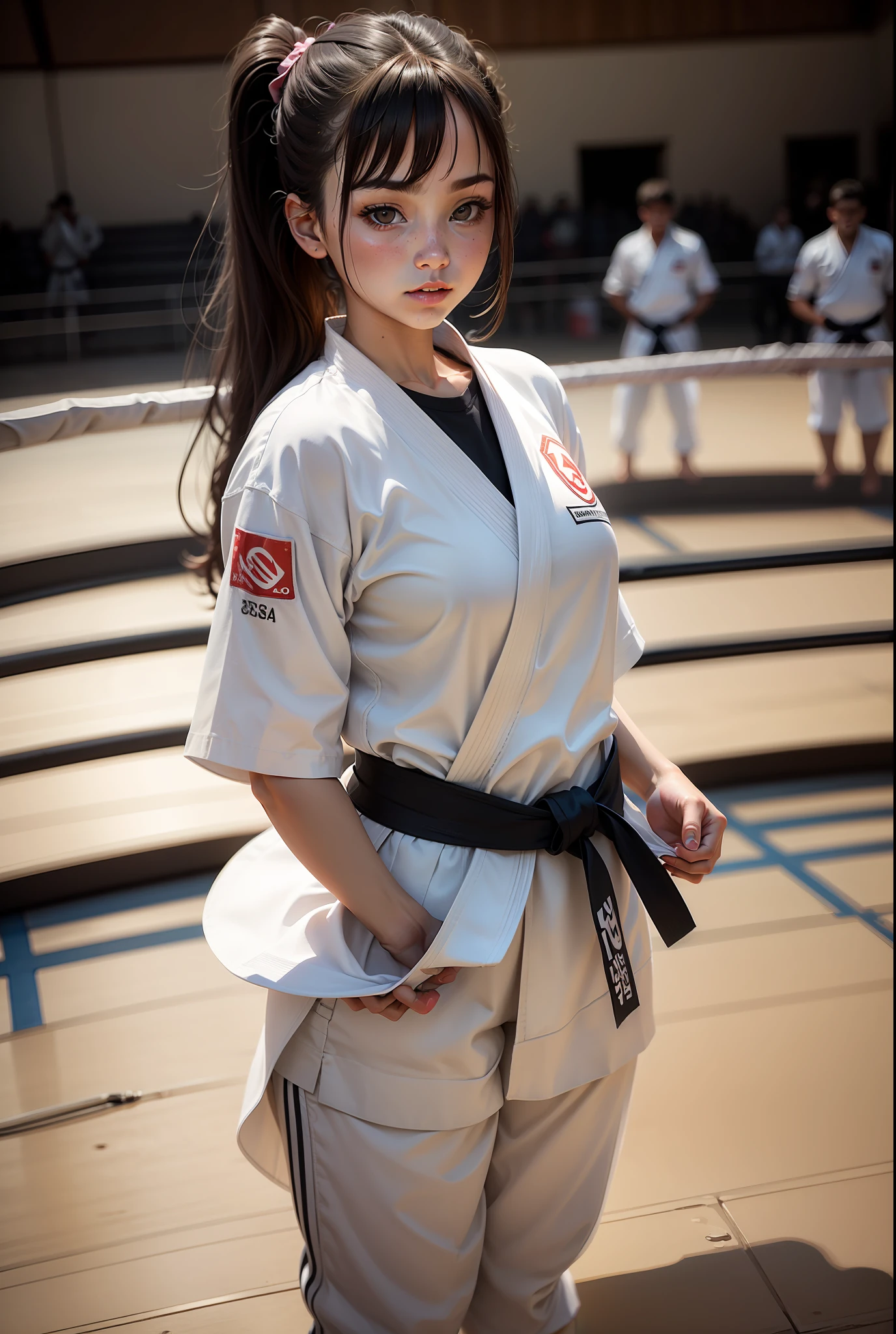 A sweet girl in a judo costume,Standing in the ring,Barefoot