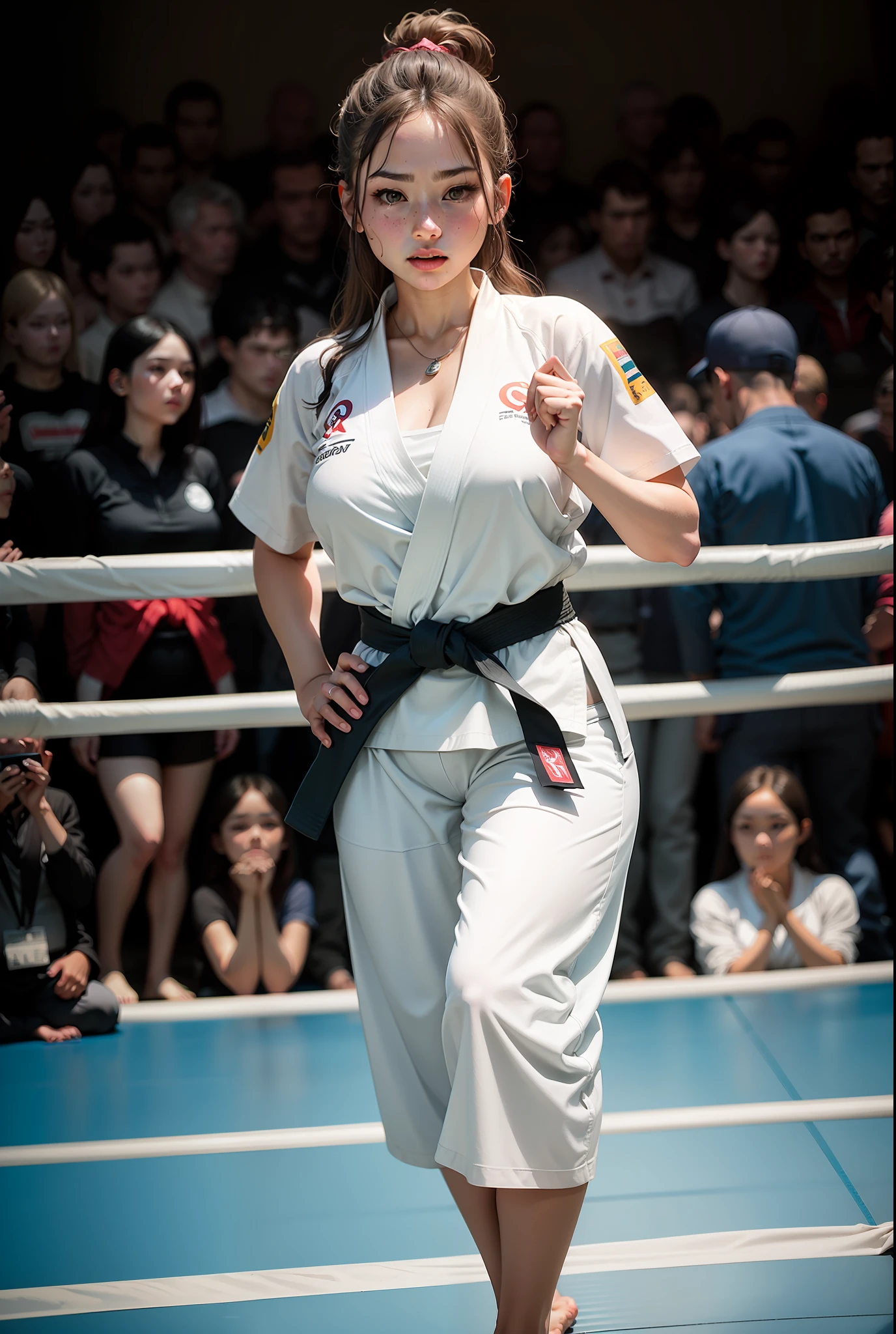 A sweet girl in a judo costume，Standing in the ring，Barefoot