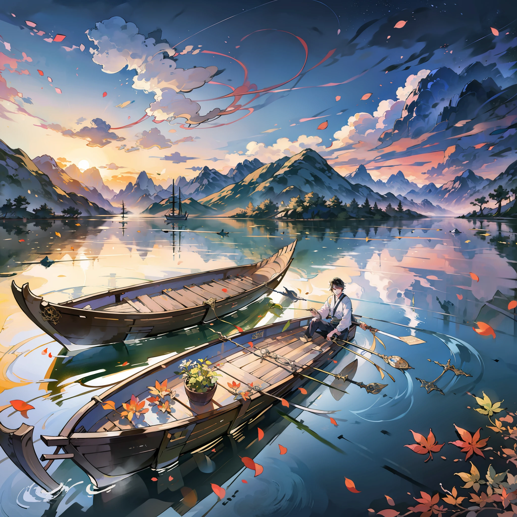 A leaf of flat boats and rivers want to go，The boundless Ming Lake reflects the sunset，The young man broke the clouds with his sword，The 100,000 mountains are picturesque，