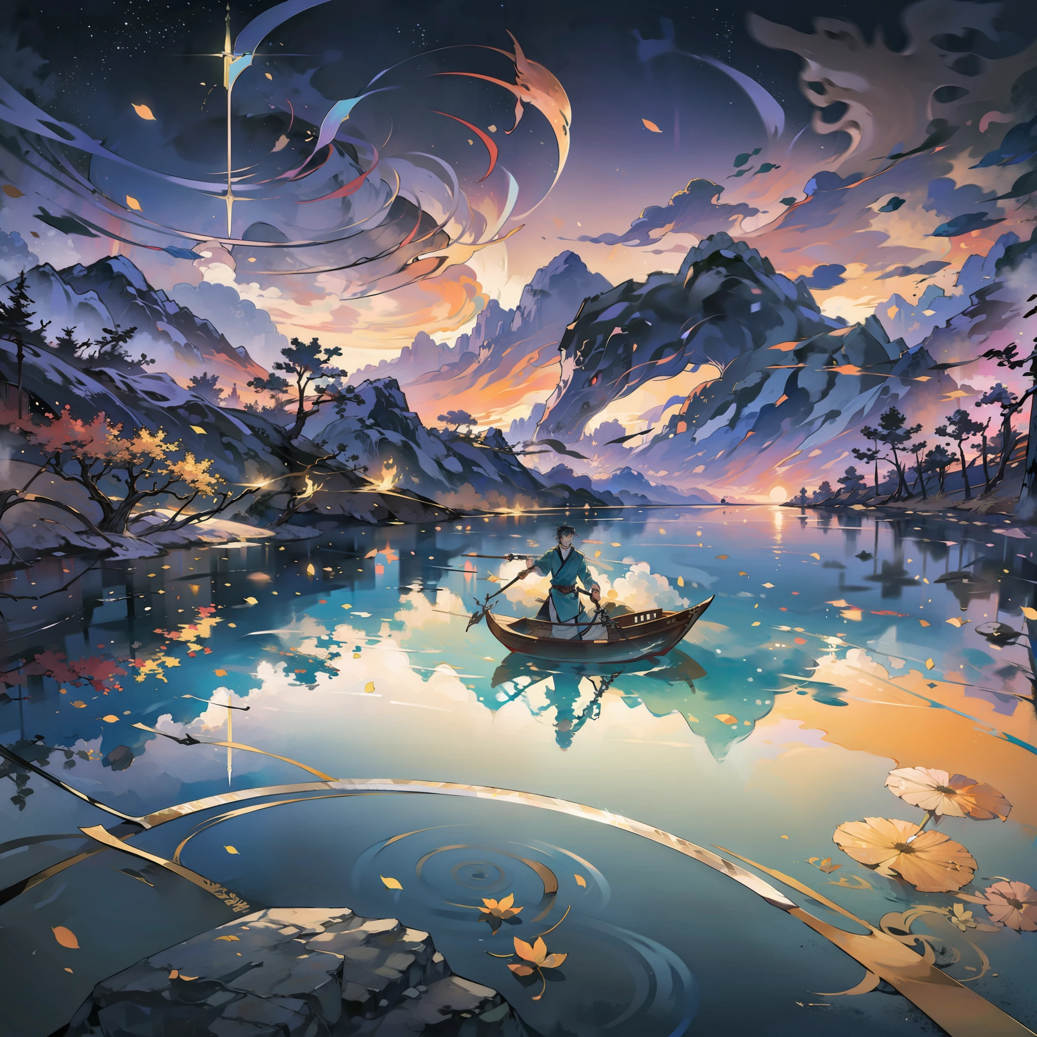 A leaf of flat boats and rivers want to go,The boundless Ming Lake reflects the sunset,The young man broke the clouds with his sword,The 100,000 mountains are picturesque,