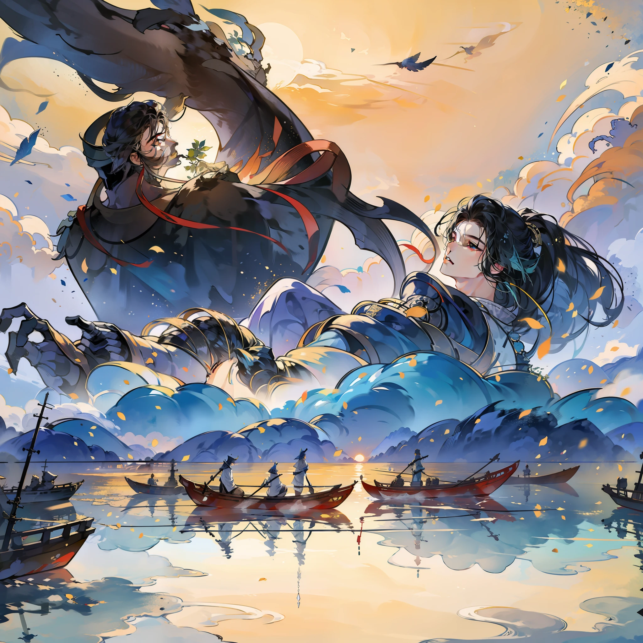 A leaf of flat boats and rivers want to go,The boundless Ming Lake reflects the sunset,The young man broke the clouds with his sword,The 100,000 mountains are picturesque,
