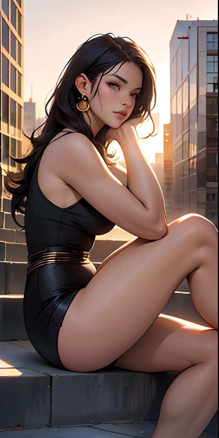 a masterpiece of、Top image quality、1人の女性、Beautiful woman sitting on the stairs、legs slightly open、Detailed facial expressions、Detailed eye、Detailed nose、Detailed lips、hugetits、Female proportions considered everywhere、Skyscraper District、Sunset between buildings、Large circular earrings、Emphasis on beautiful legs、From Side