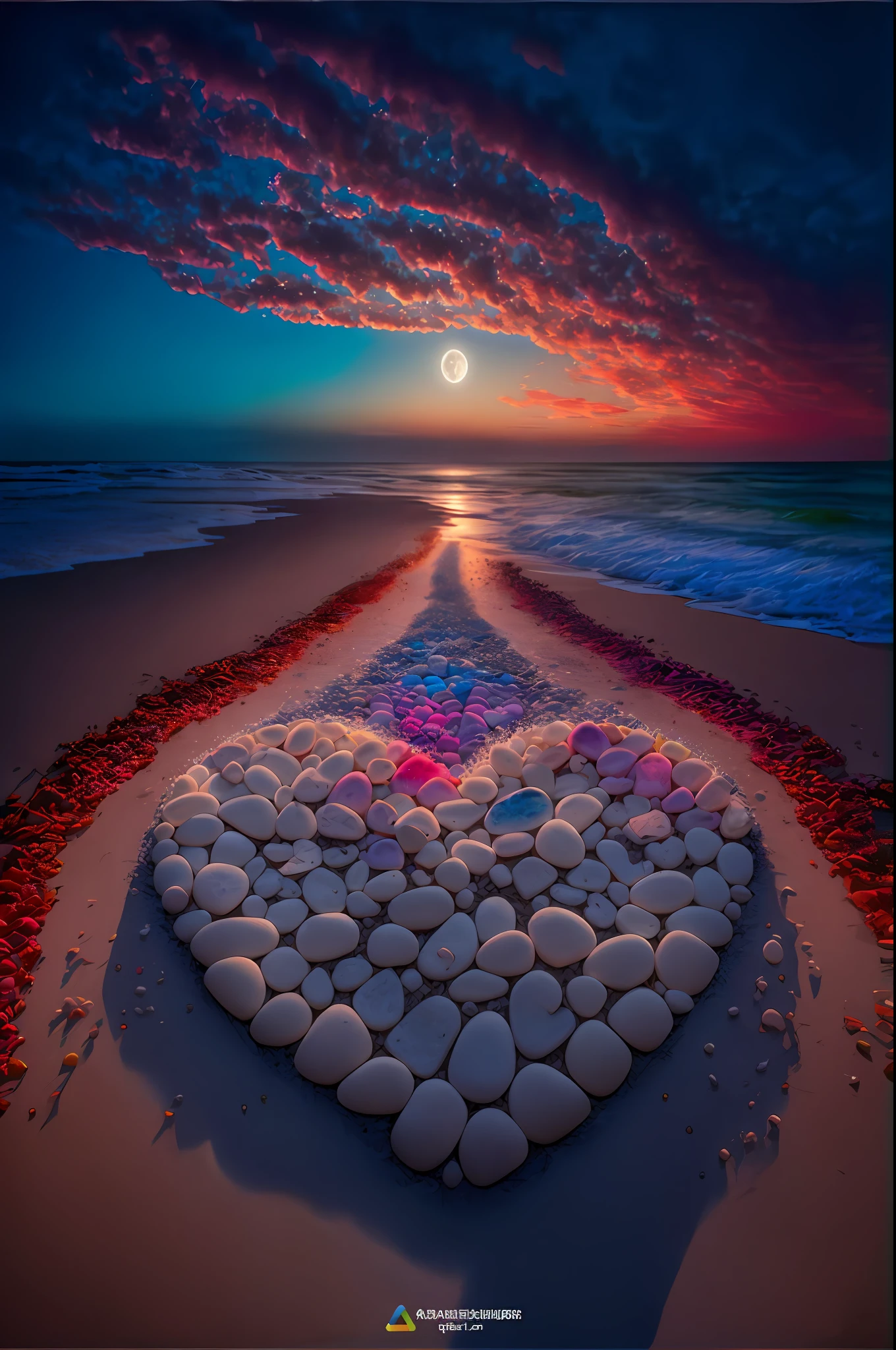 Arafede heart-shaped stone on the beach，The background is sunset, stunning moonlight and shadows, beautiful moon light, breathtaking colors, with beautiful colors, very beautiful photograph of, breathtaking composition, beautiful image ever created, Beautiful composition, Amazing composition, Magnificent composition, gorgeous romantic sunset, Beautiful wallpaper, author：Alexander Kucharisky, awesome greate composition, Magical beach, Beautiful nature
