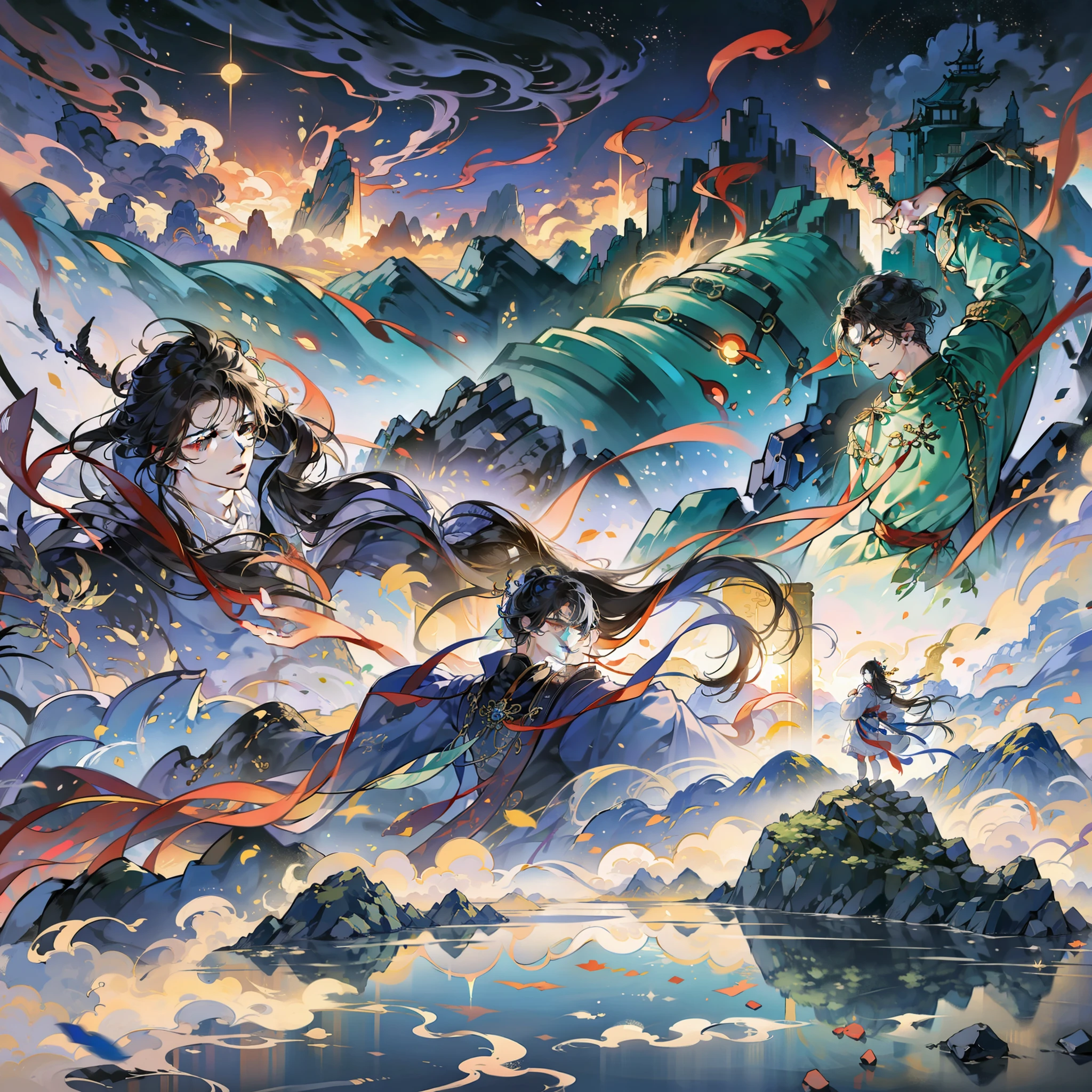 Bian Zhou and River Leaf want to go,The endless lake reflects the setting sun,The young man broke through the clouds with his sword,100,000 mountains are picturesque,The clouds are like a dream, The sky is flying,Lingyun Mountain River Wonderland on Earth,The city of a thousand miles is prosperous!,8K,