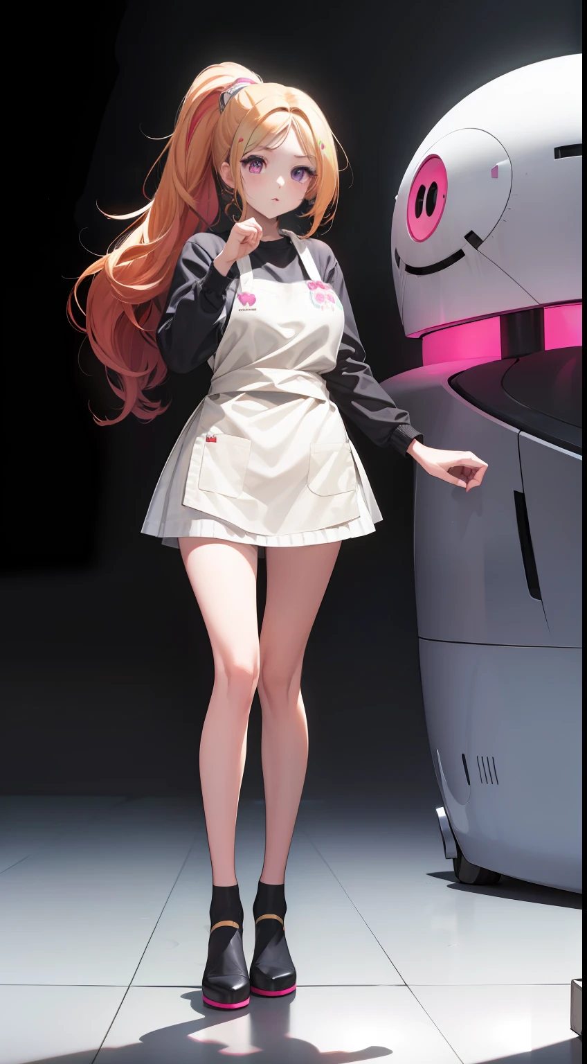 (((Masterpiece))), (best qualighy, best resolution:1.2), beautiful anatomy, perfect body, very delicate, super gorgeous composition, very beautiful hair, high ponytail, long ponytail, red hair ornament, black hair, absurderes, glowing eyes:1.2,  (ultra mini apron), clothes under clothes, full body, pigeon-toed, holding big banana, (big and kawaii puff scenery), unique art, most beautiful art, ((ultra detailed)), beautiful details, ((nice drawn hands and fingers)), (most beautiful legs), depth in field, cinematic lightining, colorful, intricate, mesmerizing, ((holographic)), ((perfectly drawn hands and fingers)), ((perfectly drawn legs))