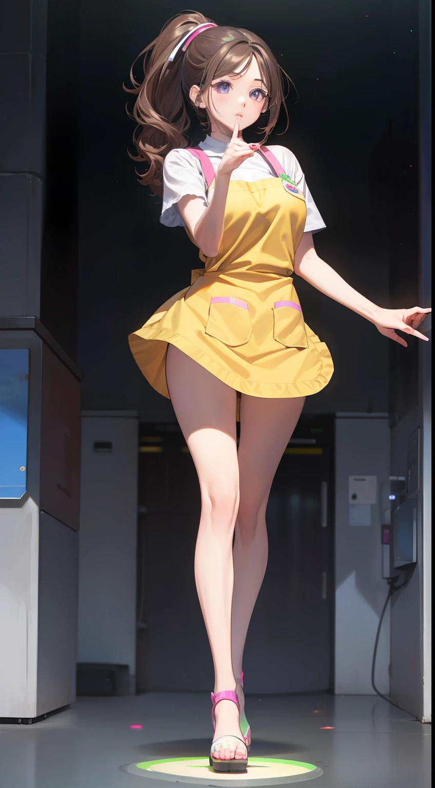 (((Masterpiece))), (best qualighy, best resolution:1.2), beautiful anatomy, perfect body, very delicate, super gorgeous composition, very beautiful hair, high ponytail, long ponytail, red hair ornament, black hair, absurderes, glowing eyes:1.2, (ultra mini apron), clothes under clothes, full body, pigeon-toed, holding big banana, (big and kawaii puff scenery), unique art, most beautiful art, ((ultra detailed)), beautiful details, ((nice drawn hands and fingers)), (most beautiful legs), depth in field, cinematic lightining, colorful, intricate, mesmerizing, ((holographic)), ((perfectly drawn hands and fingers)), ((perfectly drawn legs))