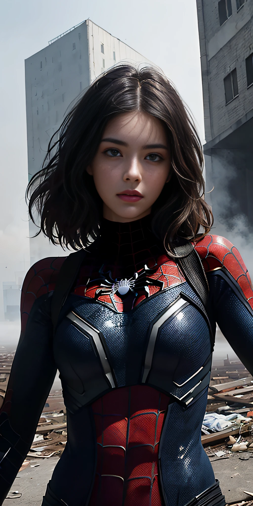 (1girl:1.3), solo, (((extremely detailed face))),(((extremely detailed eyes and face))),beautiful detailed eyes,body-parts__, official art, unified 8k wallpaper, super detailed, beautiful and aesthetic, beautiful, masterpiece, best quality, raw, masterpiece, super fine photo, best quality, super high resolution, photorealistic realism, sunlight, full body portrait, amazing beauty,, dynamic pose, delicate face, vibrant eyes, (from the front), she is wearing a Spider-man suit, red and black color scheme, spider, very detailed abandoned warehouse background, Detailed face, detailed complex busy background, messy, gorgeous, milky white, highly detailed skin, realistic skin details, visible pores, sharp focus, volumetric fog, 8k uhd, DSLR, high quality, film grain, fair skin, photo realism, lomography, huge metropolis in future dystopia, seen from below, translucent