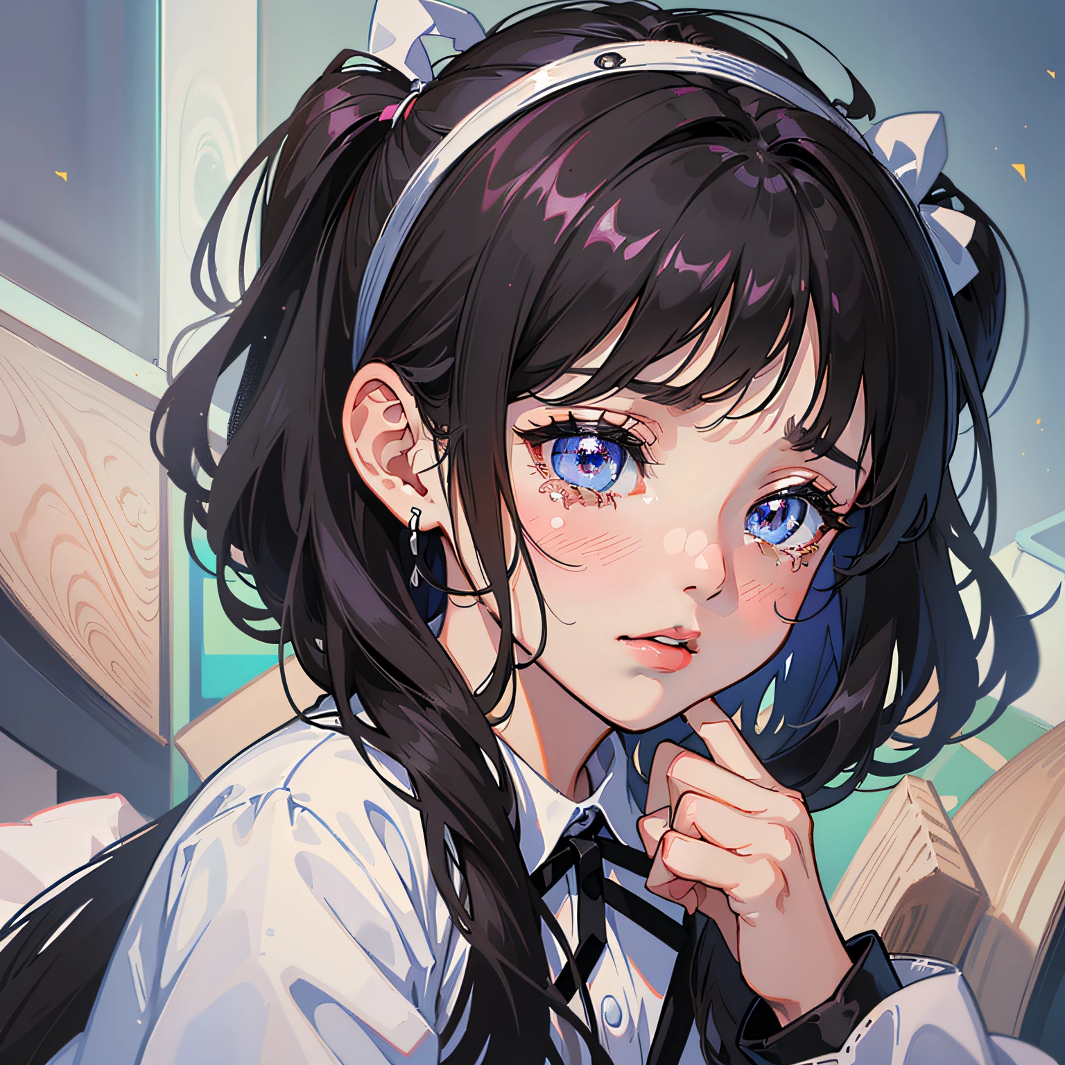 Glory to Kings, Daji, twintails, maid headdress, ribbon, heart hair ornament, mole under eye, fox ears, shy, anime, Romanticism, cinematic lighting, god rays, character chart, close-up, UHD --auto