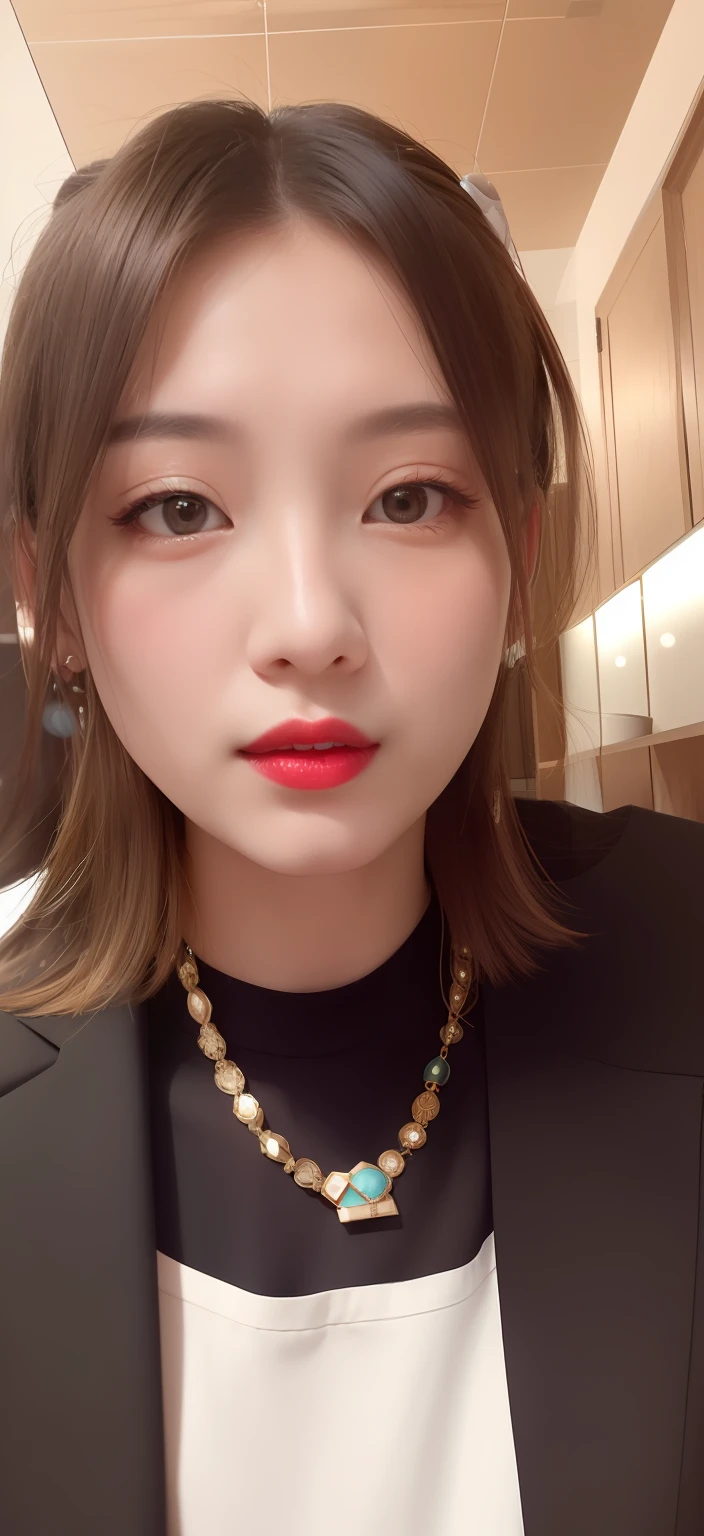 A round-faced woman wearing a white shirt and necklace，Wu Xixuan interacts with tomorrow，Red lips attract attention，Reminiscent of a profile picture、headshot profile picture、xintong chen、Zhang Wanting，As well as young and cute Asian faces and heavy lipstick。sandbeach，swim wears，Raised sexy