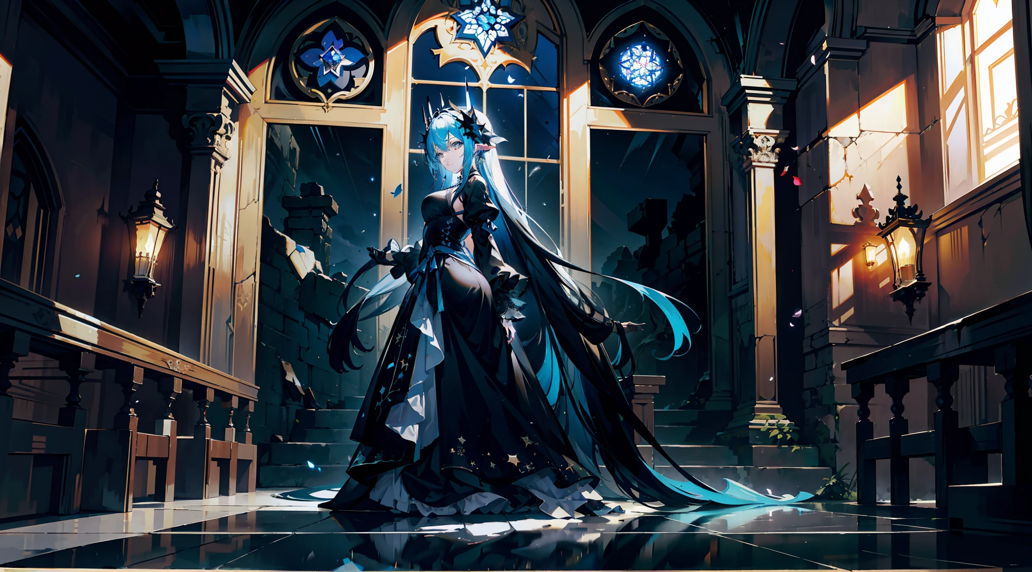 (A young girl stands on the ground、Side diagram、Turn Back,looking at the camera in,The camera is on the floor、Bottom-up framework),(Black dress long dress(Medieval evening dress、leniency、fluffly、pleatedskirt、Lace lace、Thorn lines、Rose pattern、Silver or dark gold lace,bound waist,Black veil、cranium、Cloak),ornate decoration,high-heels),(Dilapidated church exterior、Fragmentation、run-down、Completely abandoned、Collapse the wall,Only ruins remain),Black marble floor,The ground reflects the reflection of the starry sky,Carved stone slabs、stone pillar,blurryforeground,Falling blue petals and fireflies,(Reduced saturation,cold shades,Black tones,Dark black background、the night,There is a hierarchical background,Cold reflection,Contre-Jour,The edges of the object are blue and reflective,Galaxy River、extreme light,Fragmentation、The church's huge stained glass windows were destroyed),ultra-wide-angle,fully body photo,Striped hair, single sidelock, crossed bangs, Blue hair, scar on the cheek, scars on eyes, over-rim eyewear, Pure white snowflake hair accessories, x-shaped pupils, eyes reflection,, Diamond-shaped pupils, Pointy ears, Cyan crescent earrings, Stick out your tongue, Evil smile, Smug, Crazy smile, teeth, reflective light, Depth of field, Cinematic lighting, Best quality, 8K, Anatomically correct,