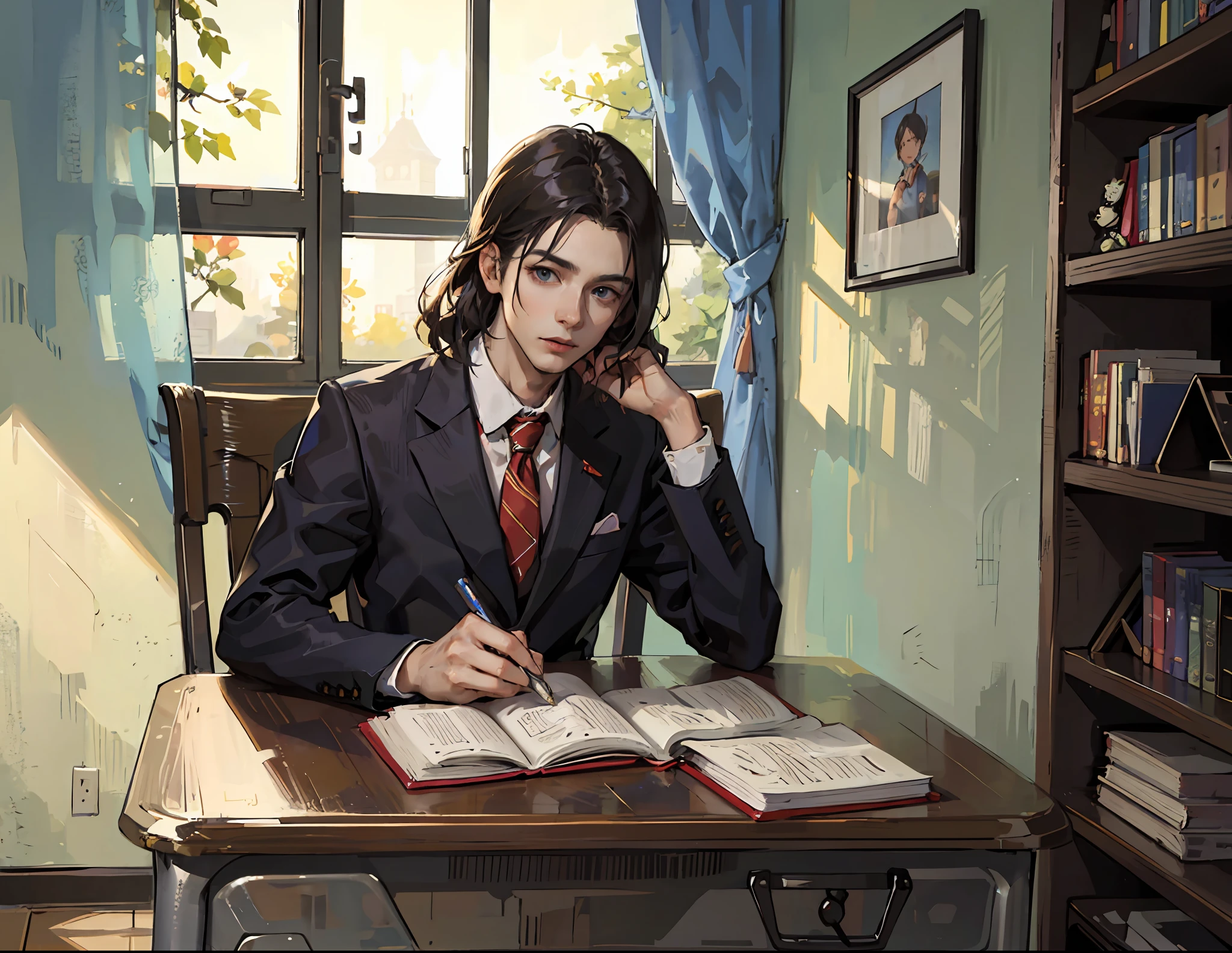 schoolboy,learn,realisticlying,looking at book,korean style hair,largeeyes,one book,One pen,Study desk,Black hair,with a round face --auto